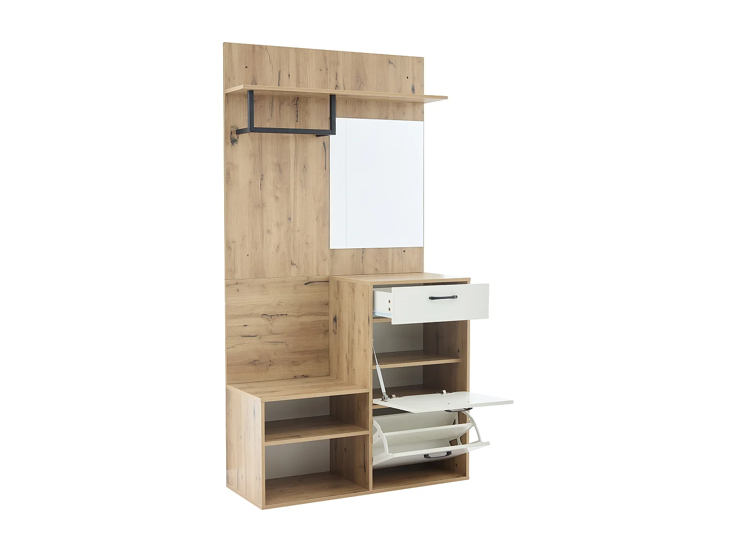 Vestiaire d'entrée 100x38.5x190 cm, miroir, banc à chaussures, 1 tiroir, panneau de particules, blanc et naturel