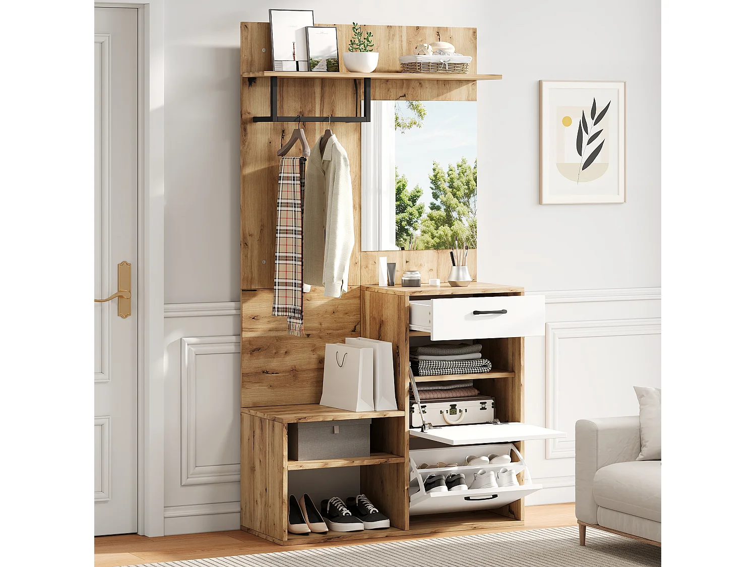 Vestiaire d'entrée 100x38.5x190 cm, miroir, banc à chaussures, 1 tiroir, panneau de particules, blanc et naturel