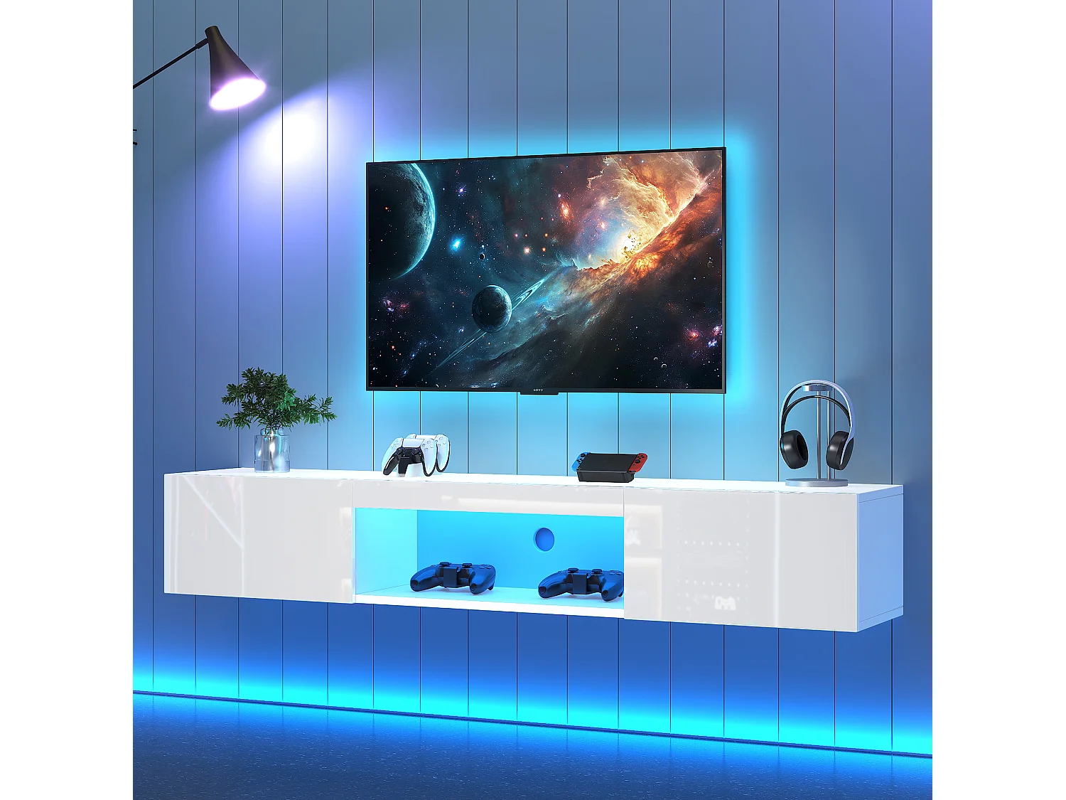 Meuble TV 160x31x22 cm suspendu LED salon avec 2 portes et rangement ouvert en bois - blanc