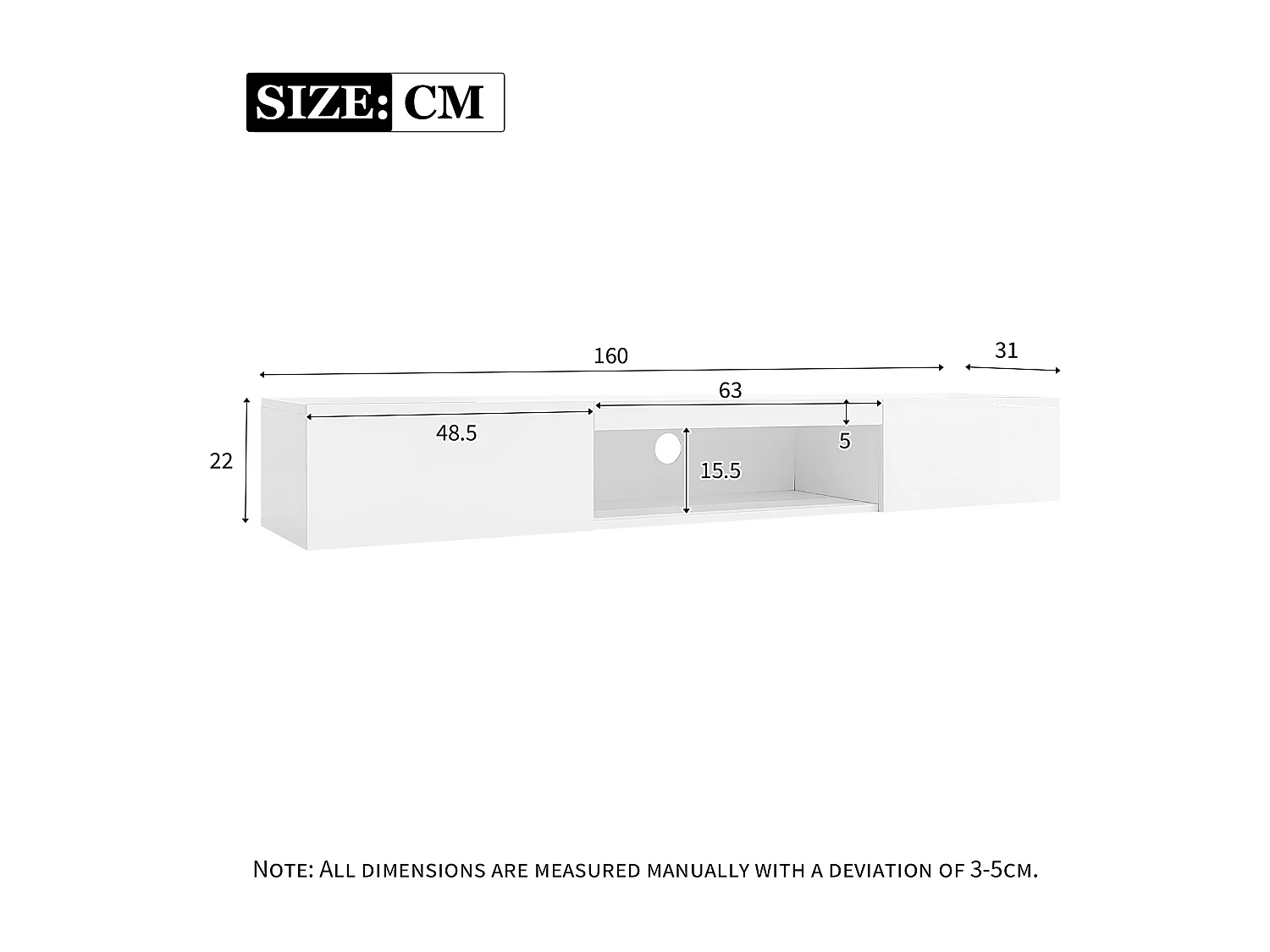 Meuble TV 160x31x22 cm suspendu LED salon avec 2 portes et rangement ouvert en bois - blanc