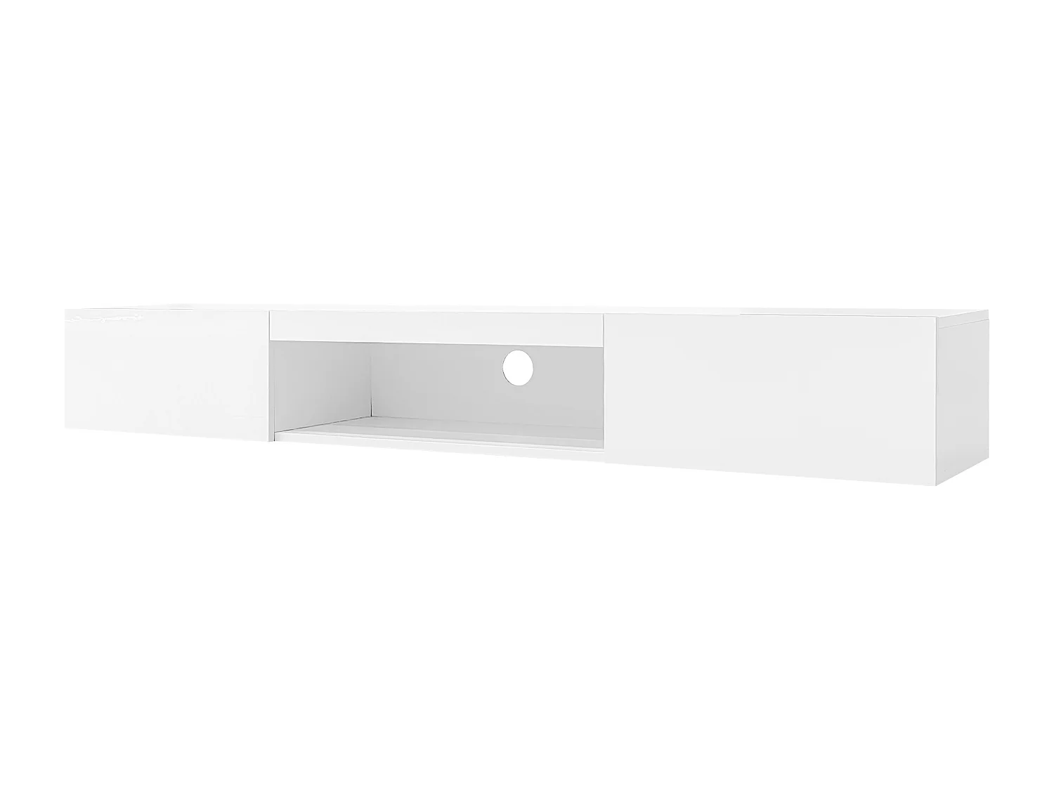 Meuble TV mural 160x31x22 cm, finition brillante, LED avec contrôle Bluetooth APP, rangement ouvert et 2 portes, panneau de particules blanc