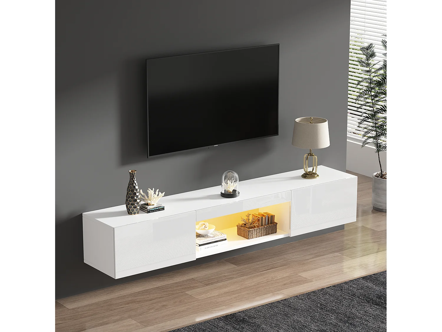 Meuble TV mural 160x31x22 cm, finition brillante, LED avec contrôle Bluetooth APP, rangement ouvert et 2 portes, panneau de particules blanc