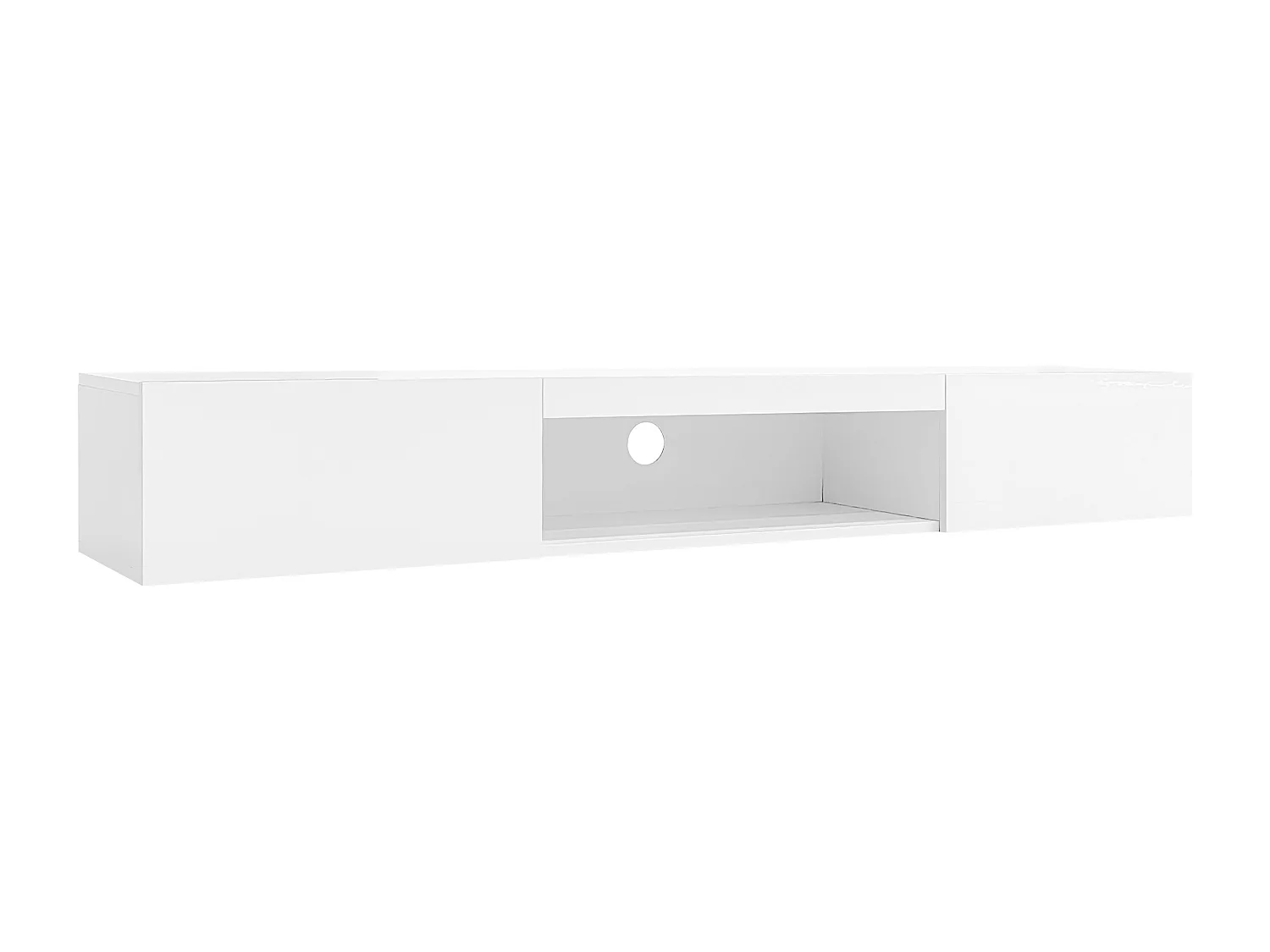 Meuble TV mural 160x31x22 cm, finition brillante, LED avec contrôle Bluetooth APP, rangement ouvert et 2 portes, panneau de particules blanc