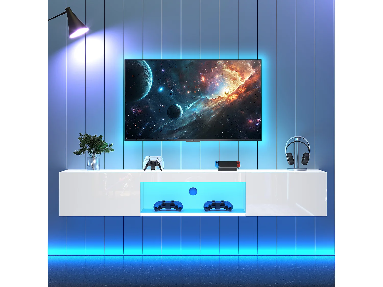 Meuble TV mural 160x31x22 cm, finition brillante, LED avec contrôle Bluetooth APP, rangement ouvert et 2 portes, panneau de particules blanc