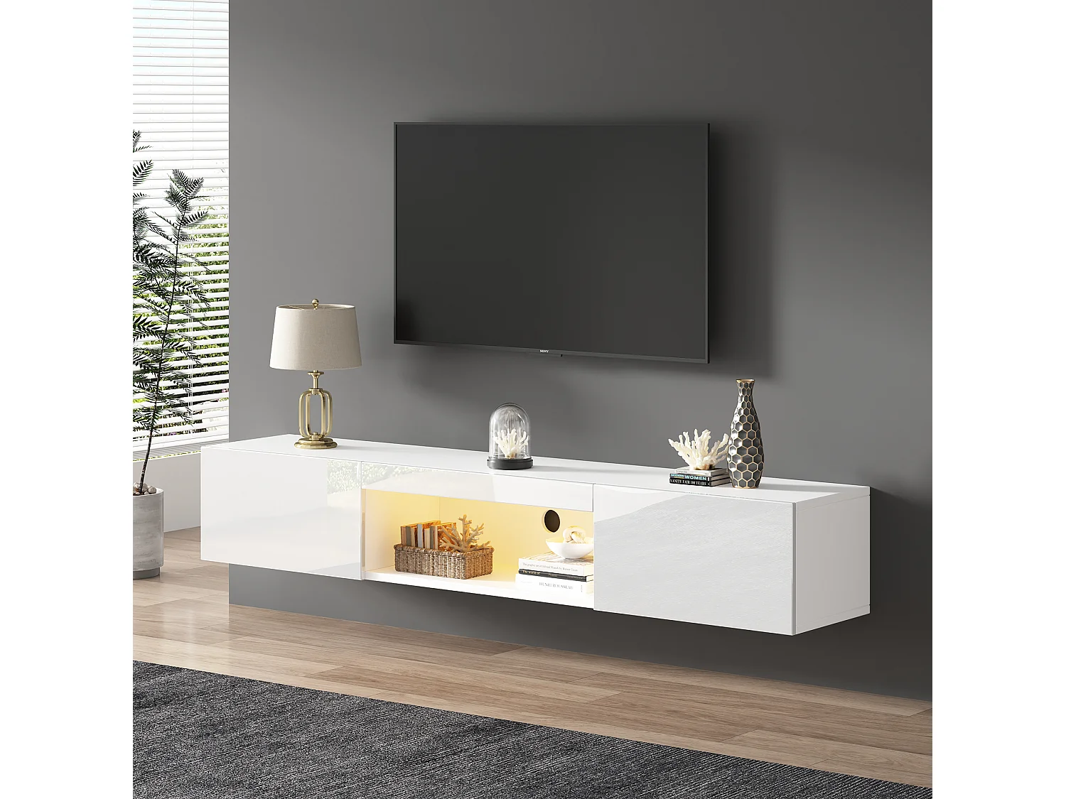 Meuble TV mural 160x31x22 cm, finition brillante, LED avec contrôle Bluetooth APP, rangement ouvert et 2 portes, panneau de particules blanc