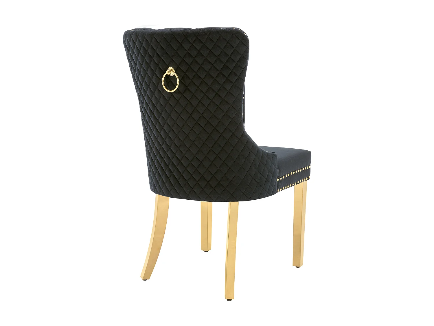 Chaise de salle à manger en velours noir avec anneau au dossier, clous décoratifs et pieds en acier doré