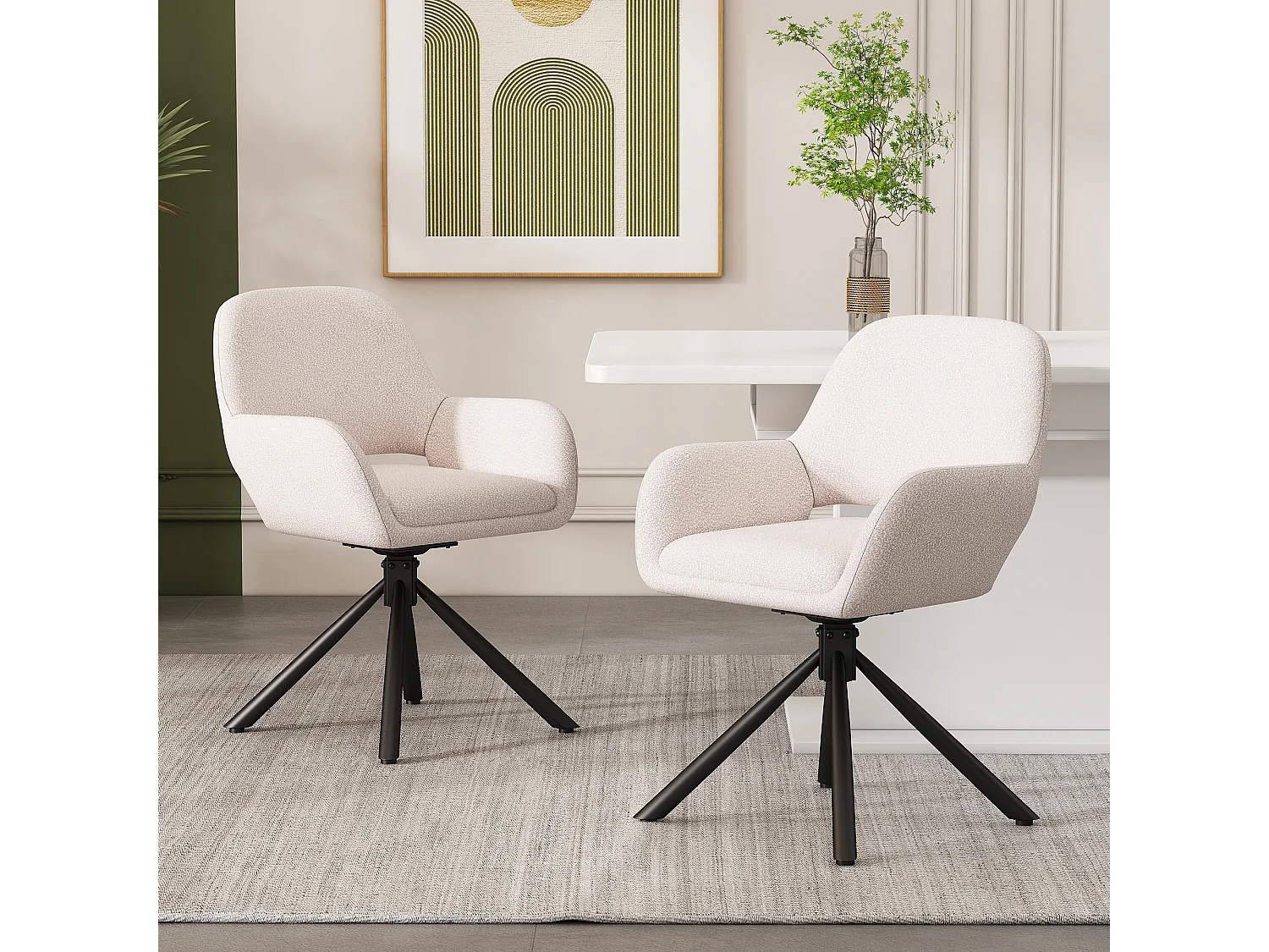 Lot de 2 chaises de salle à manger pivotantes avec accoudoirs, design moderne, sherpa blanc
