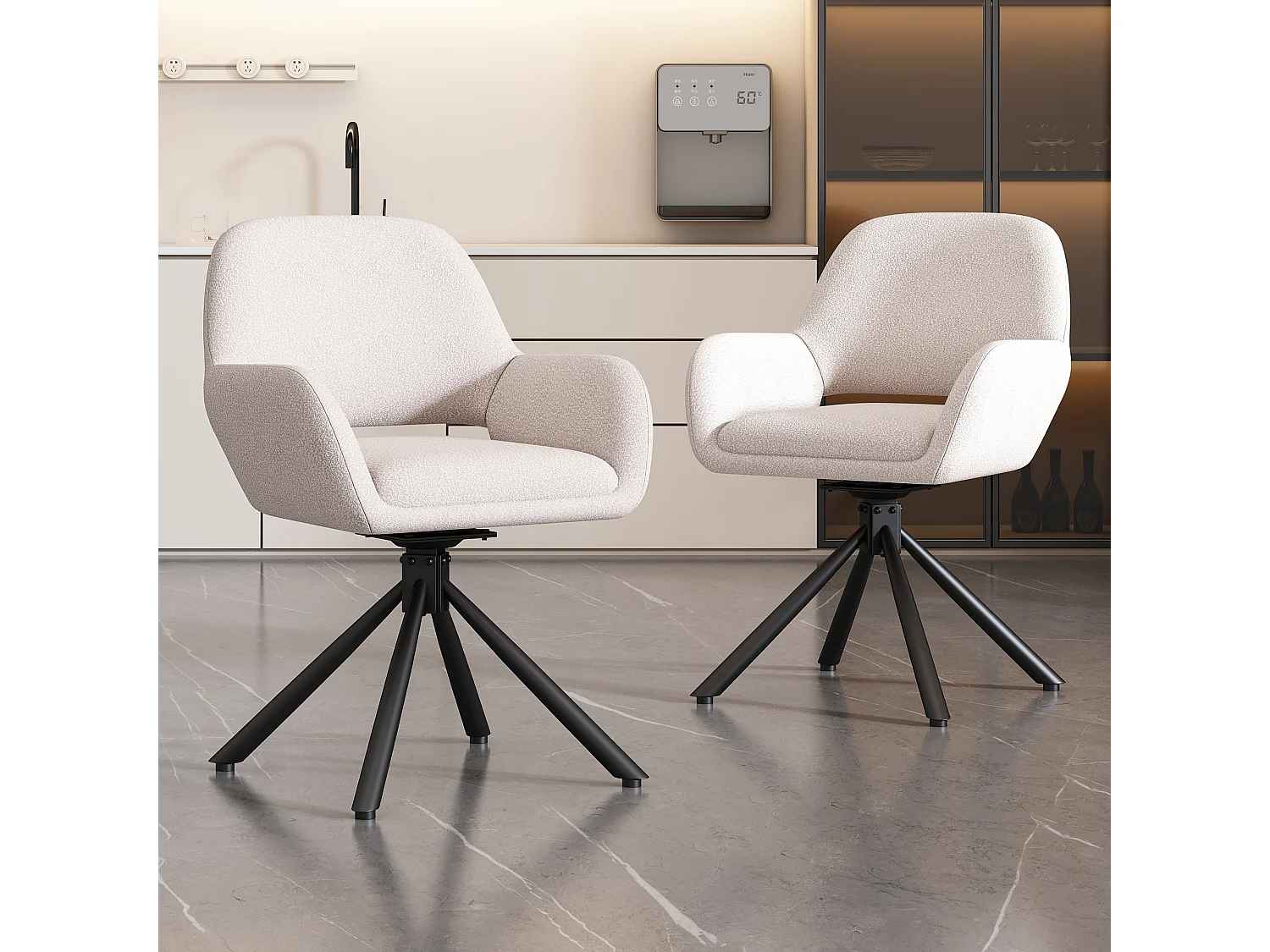 Lot de 2 chaises de salle à manger pivotantes avec accoudoirs, design moderne, sherpa blanc
