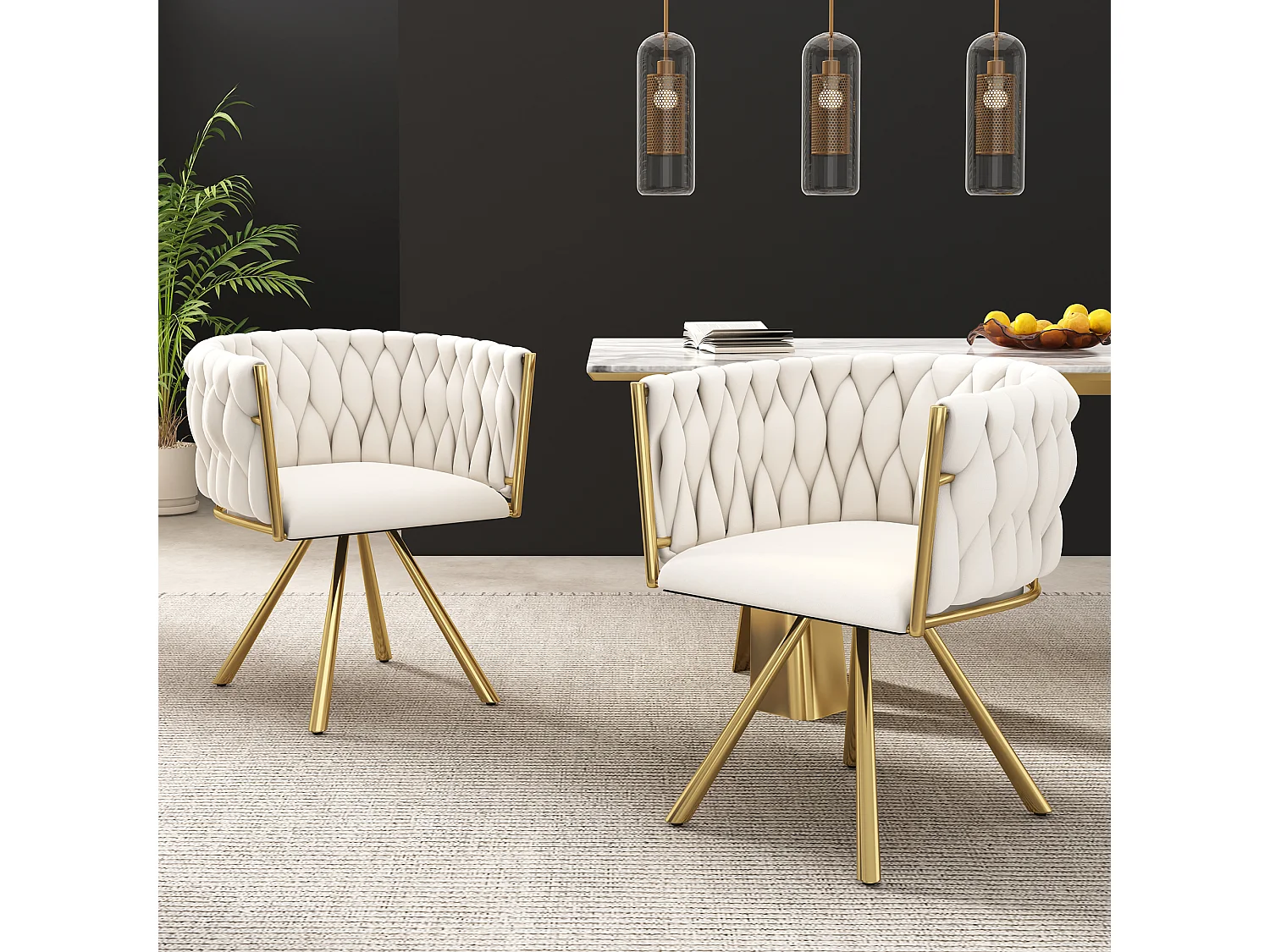 Lot de 2 chaises de salle à manger pivotantes, dossier ergonomique, pieds en métal, velours beige et doré