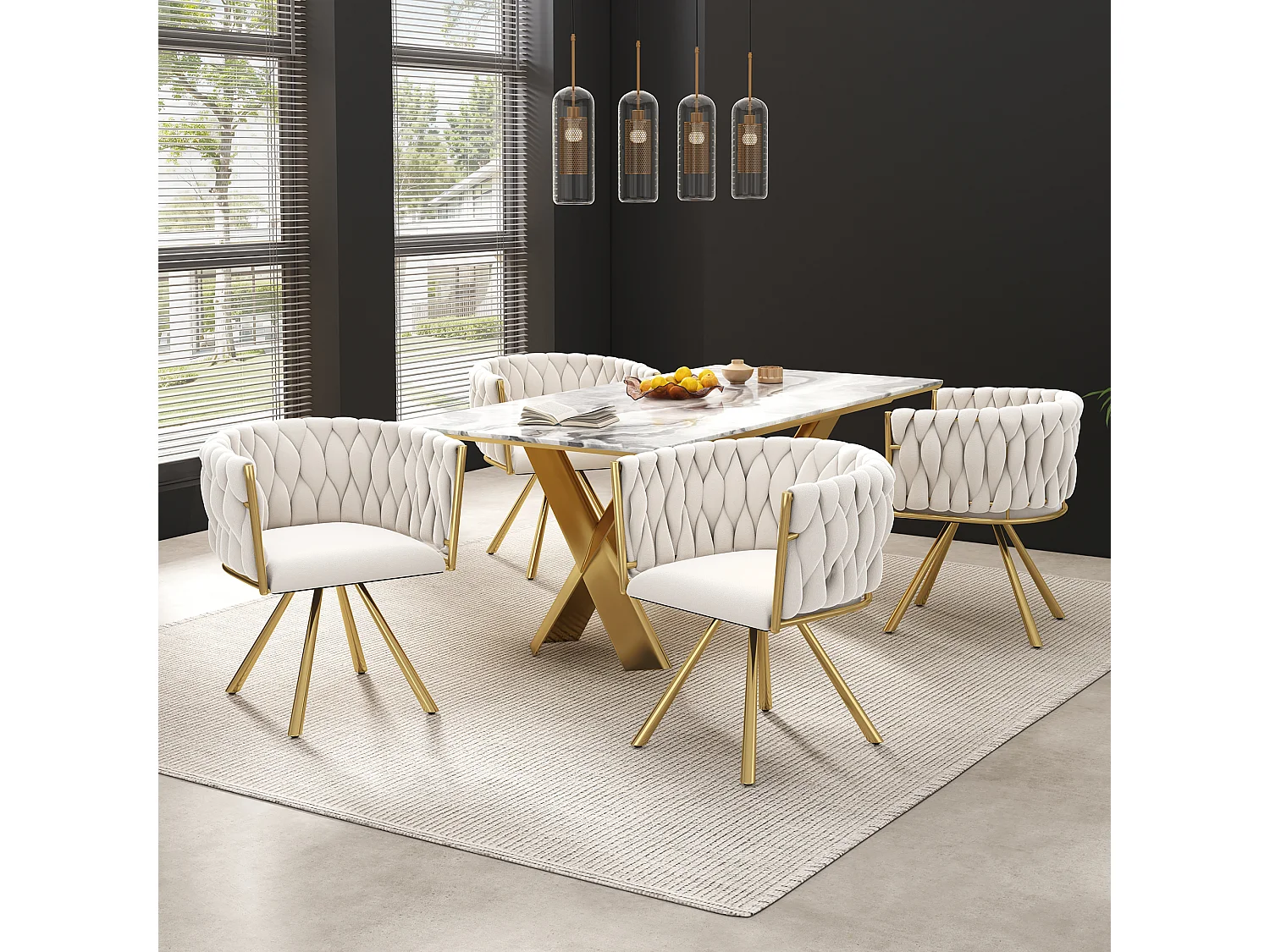 Lot de 2 chaises de salle à manger pivotantes, dossier ergonomique, pieds en métal, velours beige et doré