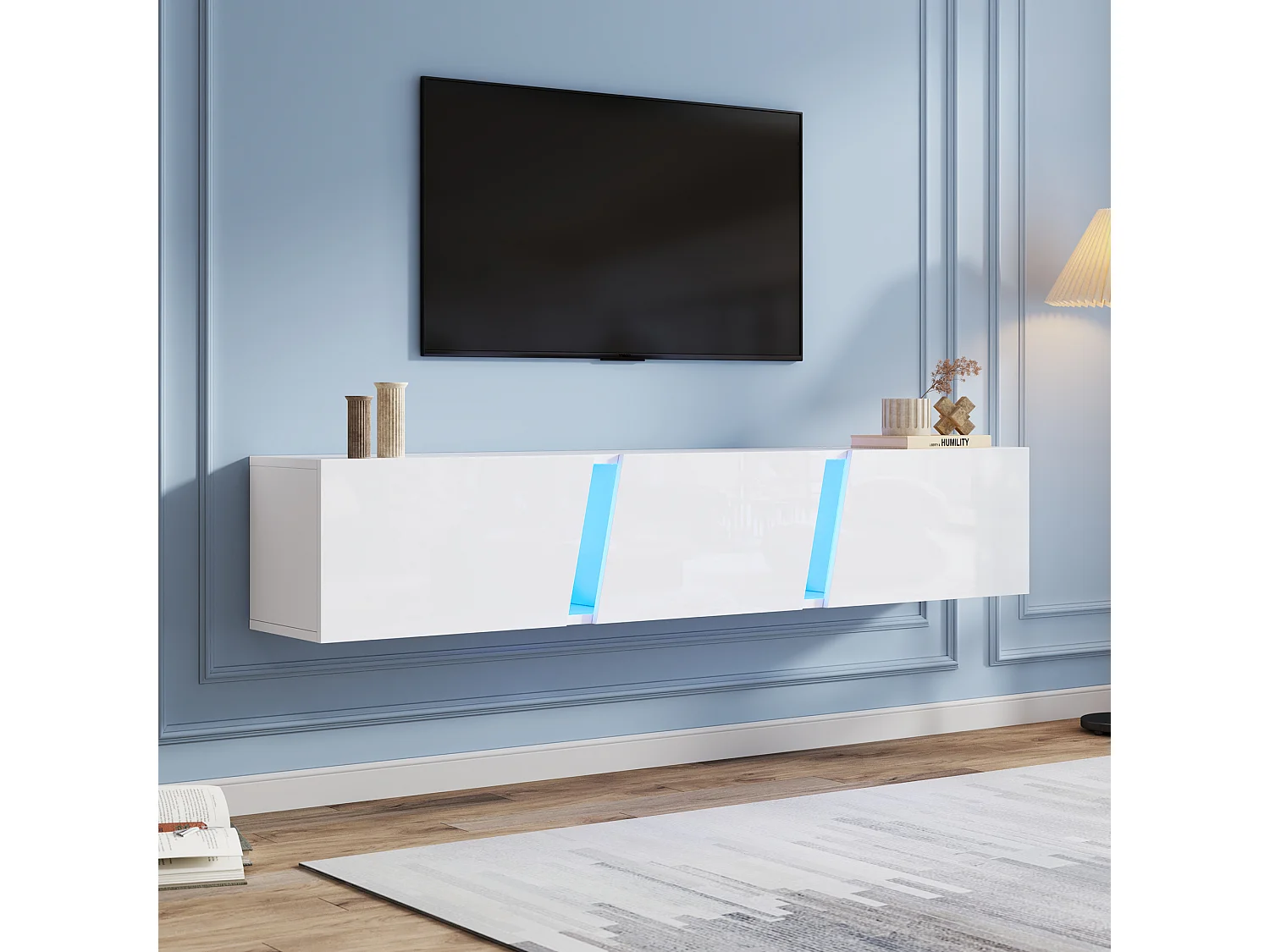 Meuble TV mural 180x35x30 cm, LED contrôlée par application, 3 portes abattantes, panneau de particules blanc