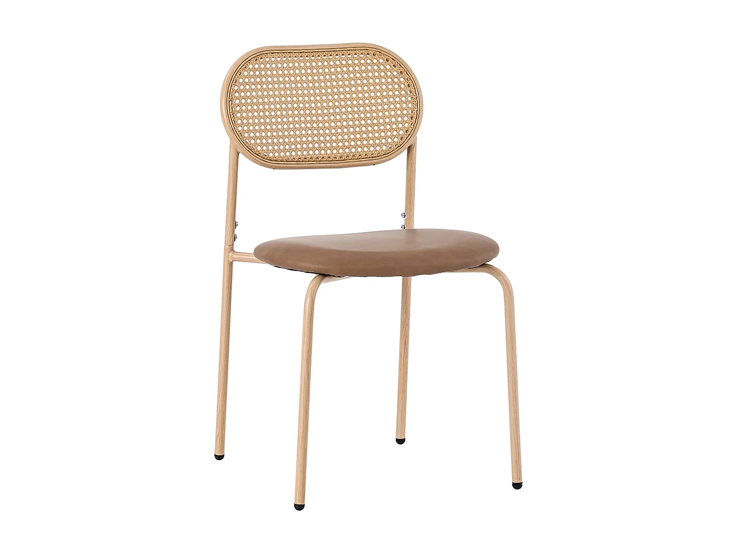 Lot de 4 chaises de salle à manger, dossier ovale en rotin naturel, assise en PU marron, pieds en métal