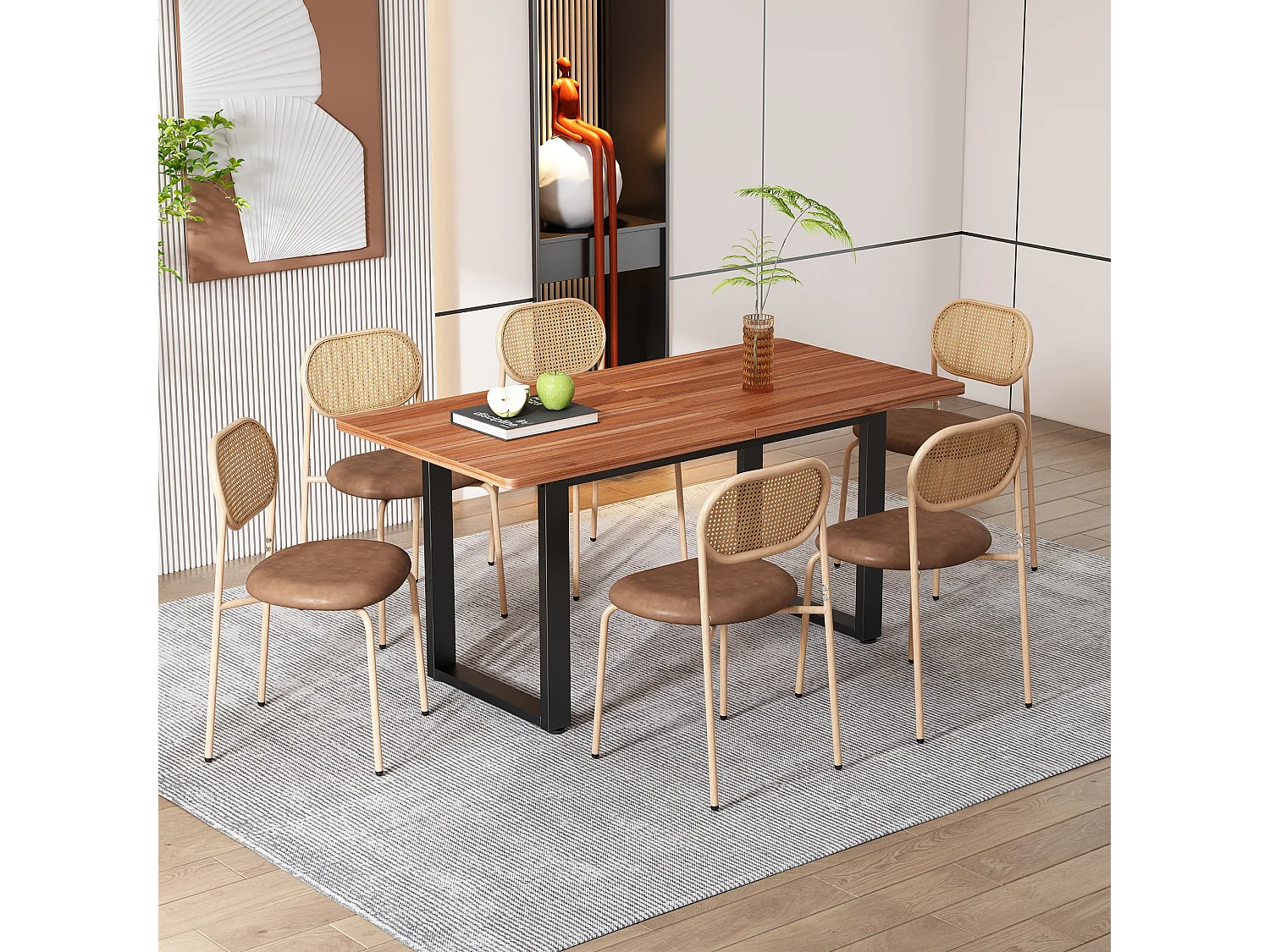 Lot de 4 chaises de salle à manger, dossier ovale en rotin naturel, assise en PU marron, pieds en métal