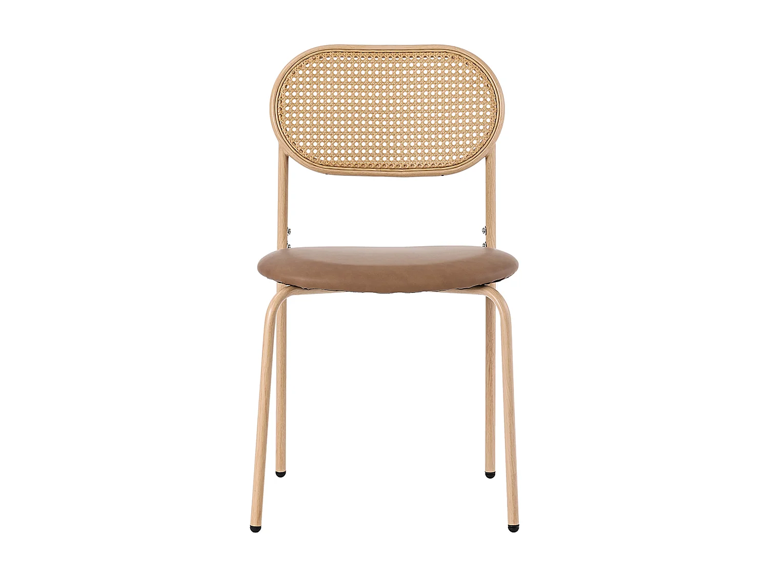 Lot de 4 chaises de salle à manger, dossier ovale en rotin naturel, assise en PU marron, pieds en métal