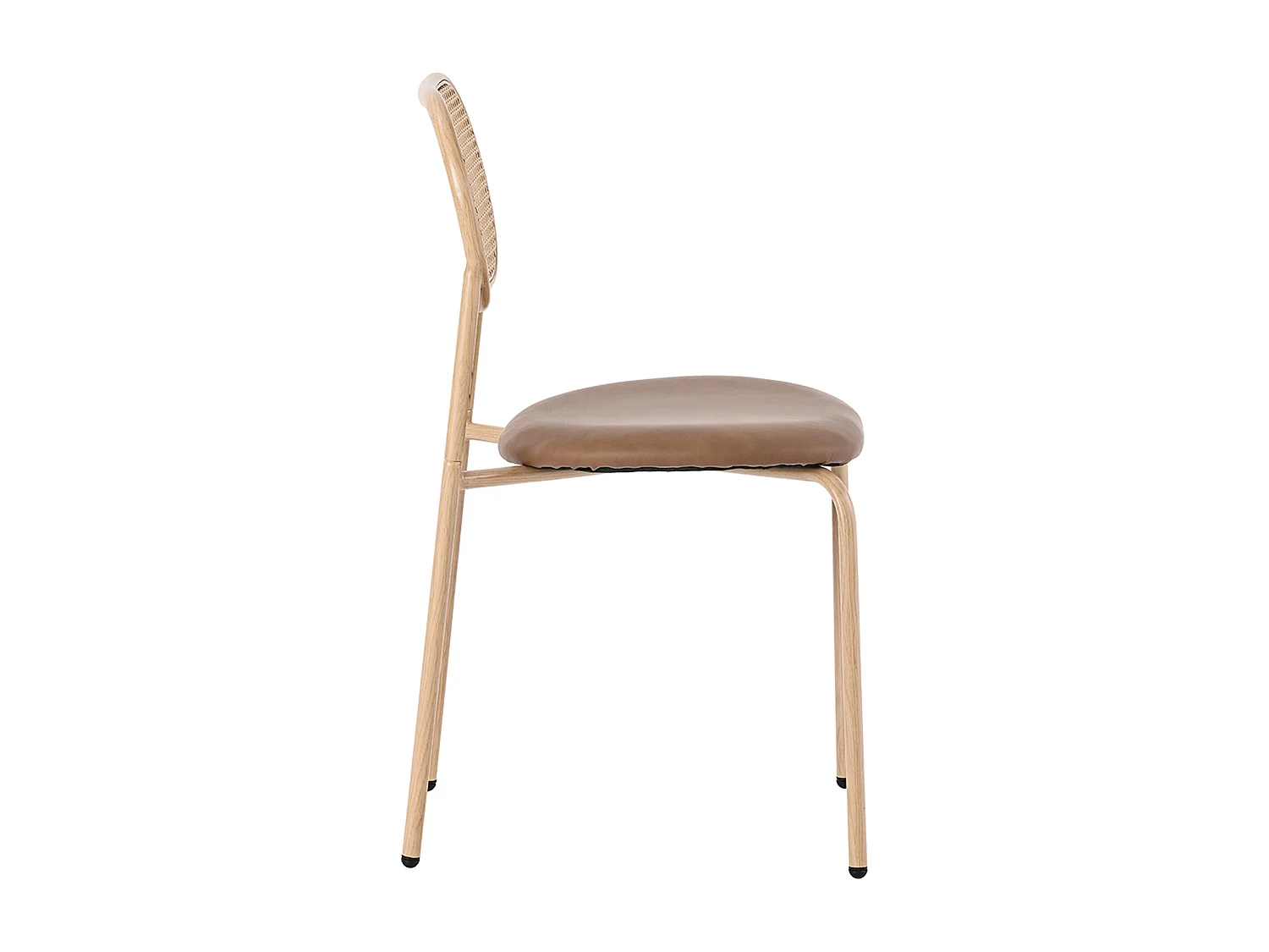 Lot de 4 chaises de salle à manger, dossier ovale en rotin naturel, assise en PU marron, pieds en métal