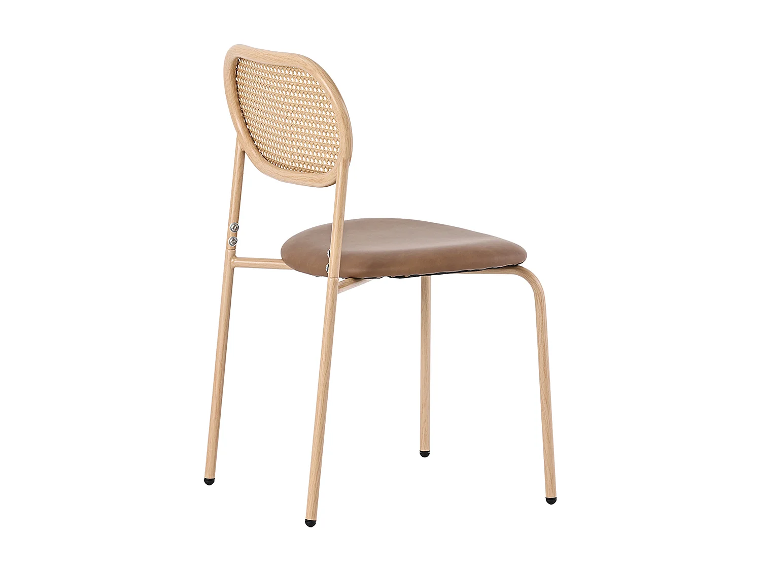 Lot de 4 chaises de salle à manger, dossier ovale en rotin naturel, assise en PU marron, pieds en métal