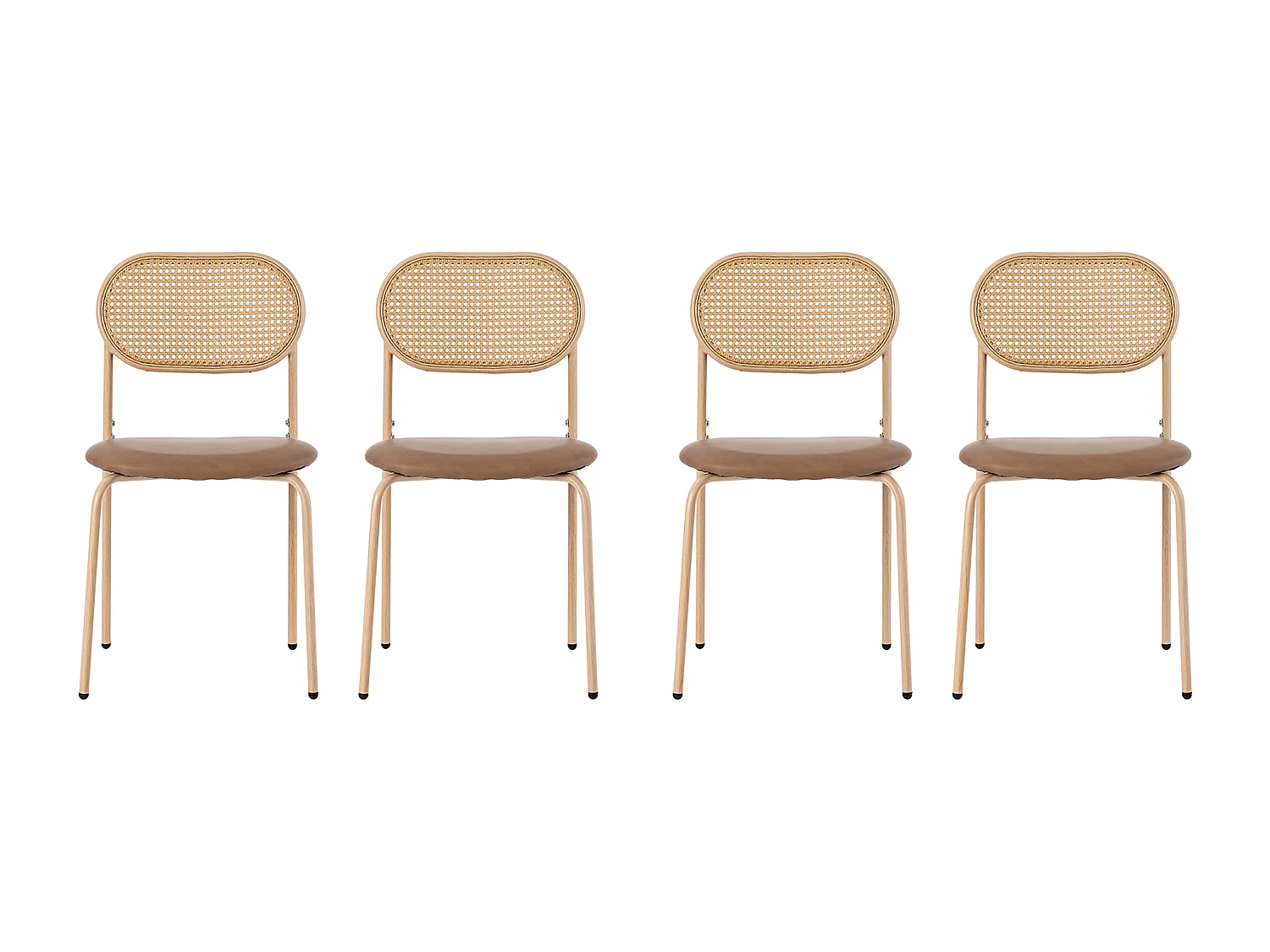 Lot de 4 chaises de salle à manger, dossier ovale en rotin naturel, assise en PU marron, pieds en métal