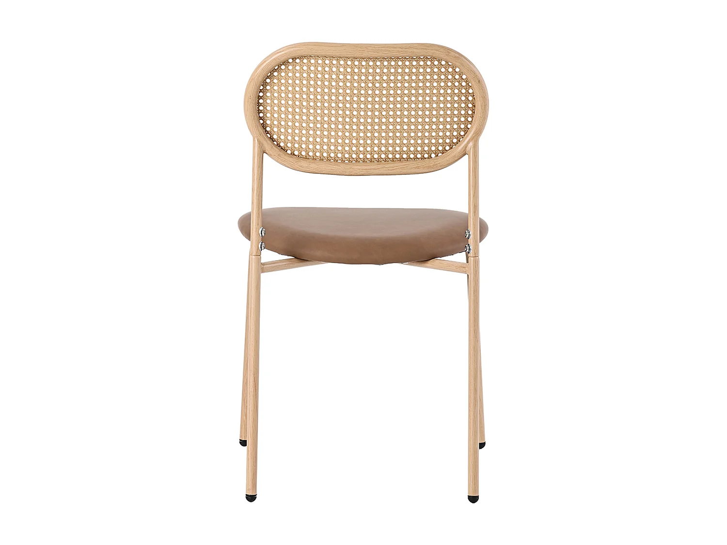 Lot de 4 chaises de salle à manger, dossier ovale en rotin naturel, assise en PU marron, pieds en métal