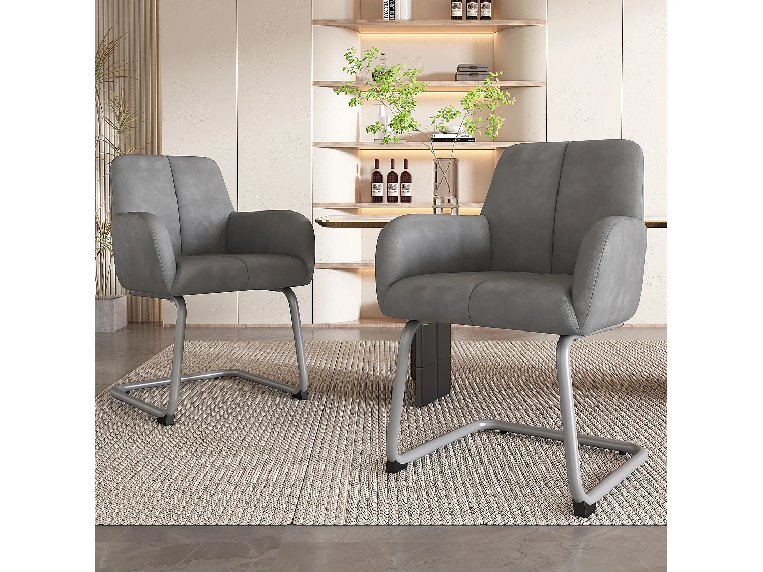 Lot de 2 chaises de salle à manger, design ergonomique avec accoudoirs intégrés, pieds courbés en acier, cuir microfibre gris