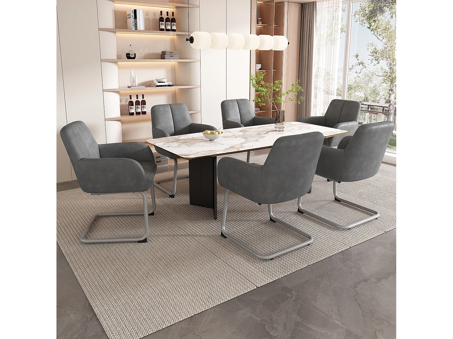 Lot de 2 chaises de salle à manger, design ergonomique avec accoudoirs intégrés, pieds courbés en acier, cuir microfibre gris