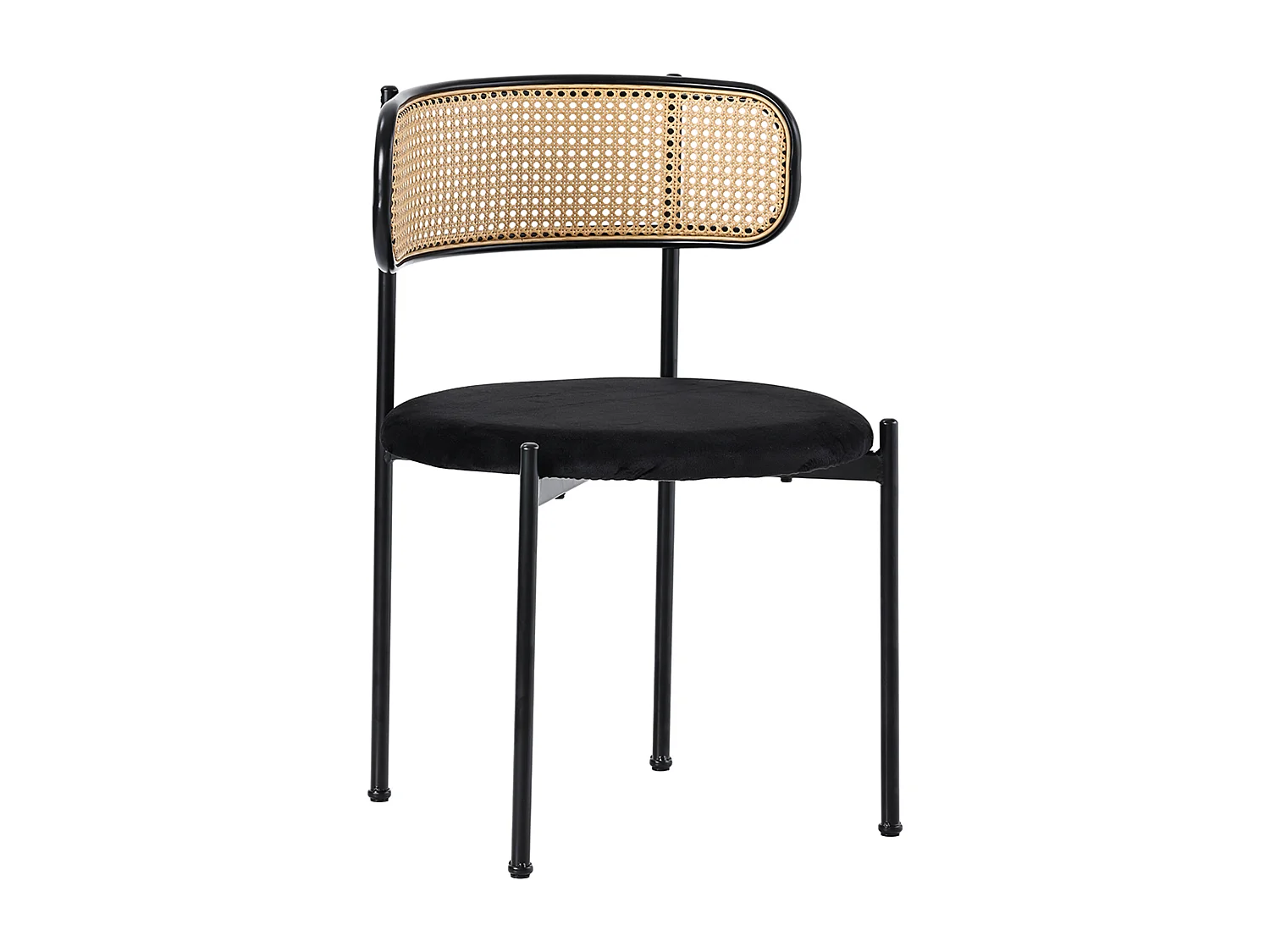 Lot de 4 chaises de salle à manger en velours noir, dossier en rotin, dossier courbé, pieds en métal