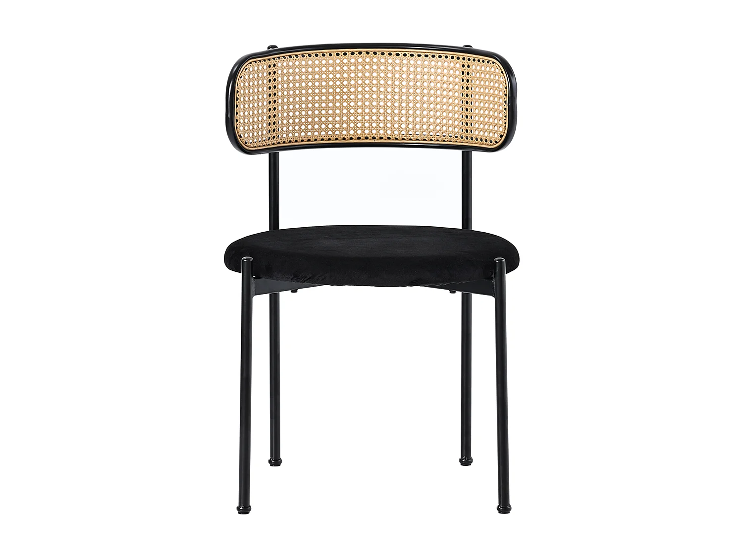 Lot de 4 chaises de salle à manger en velours noir, dossier en rotin, dossier courbé, pieds en métal