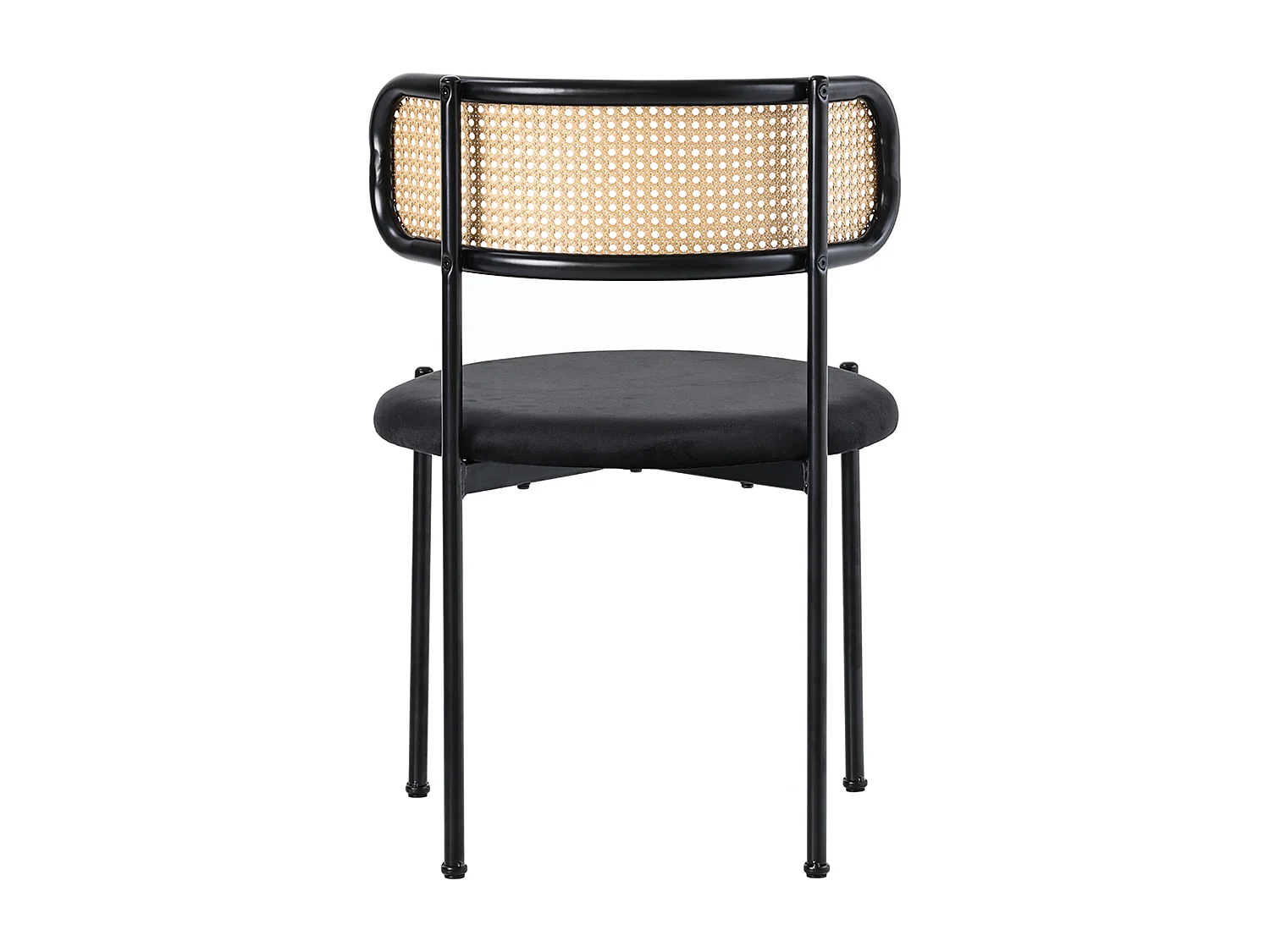Lot de 4 chaises de salle à manger en velours noir, dossier en rotin, dossier courbé, pieds en métal
