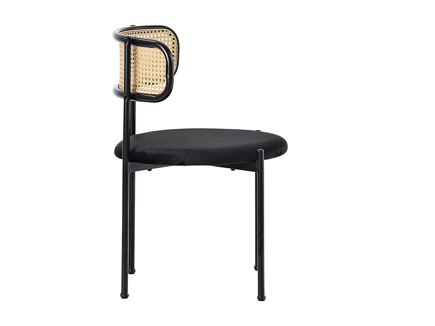 Lot de 4 chaises de salle à manger en velours noir, dossier en rotin, dossier courbé, pieds en métal
