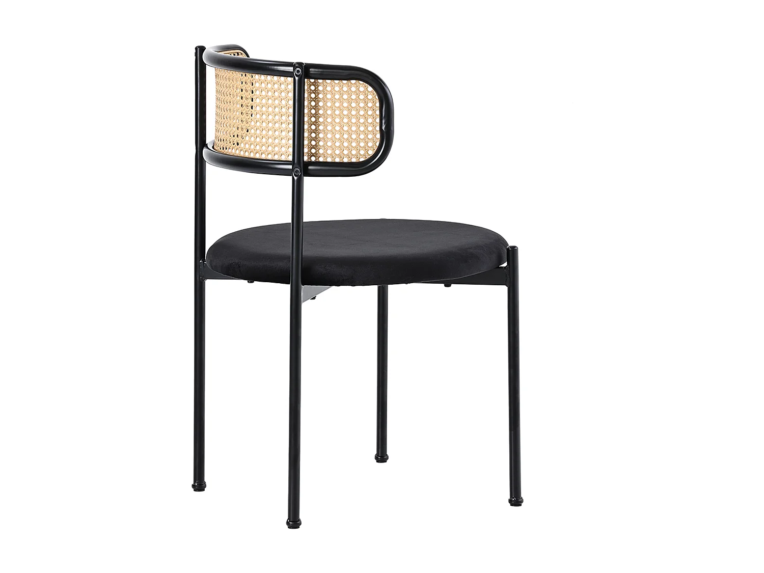 Lot de 4 chaises de salle à manger en velours noir, dossier en rotin, dossier courbé, pieds en métal