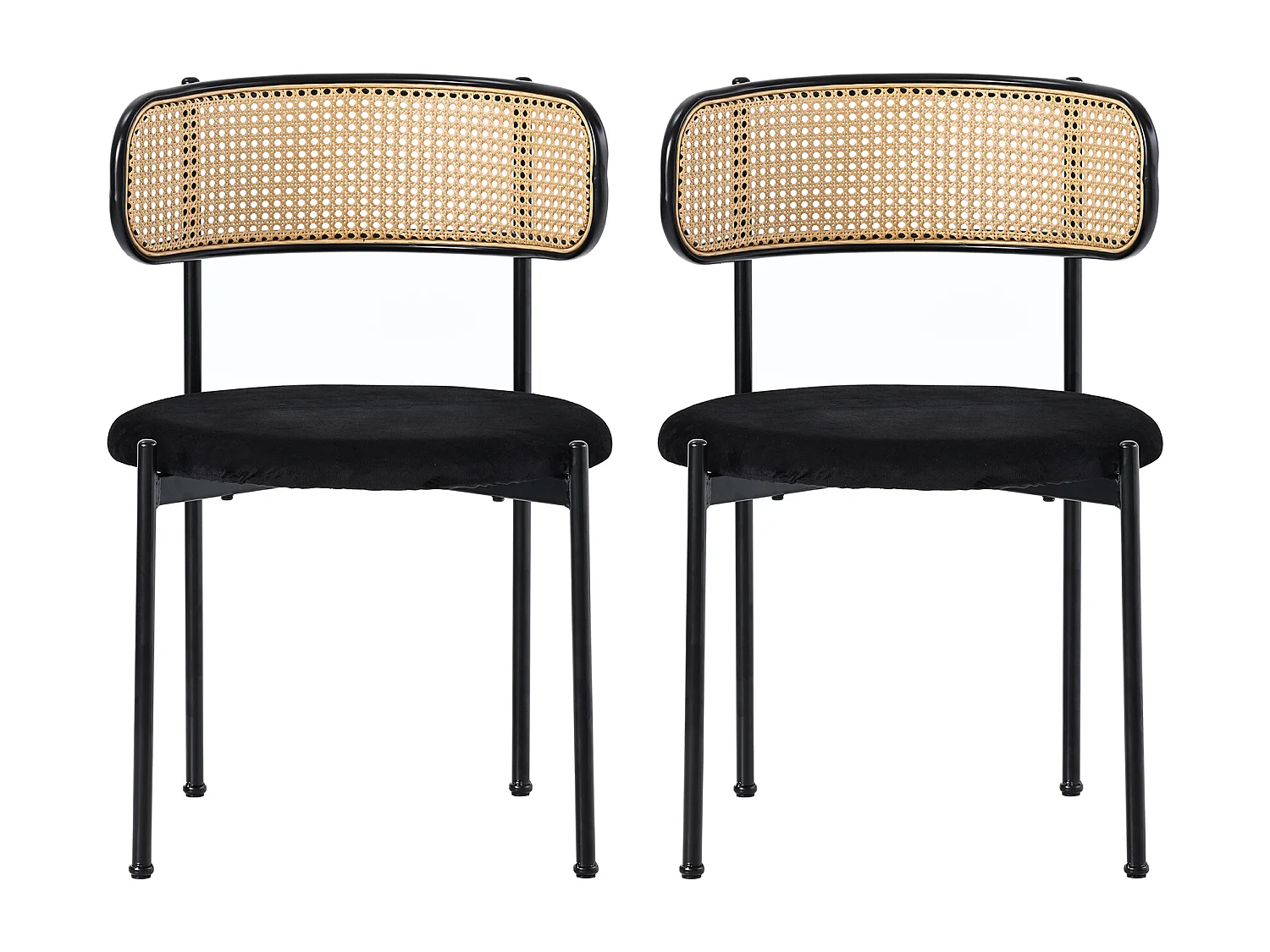 Lot de 4 chaises de salle à manger en velours noir, dossier en rotin, dossier courbé, pieds en métal