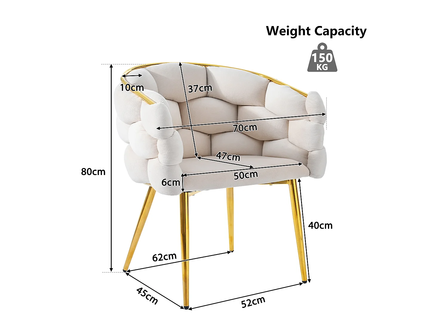 Chaise en velours avec dossier rembourré et accoudoirs - pieds en métal doré - beige
