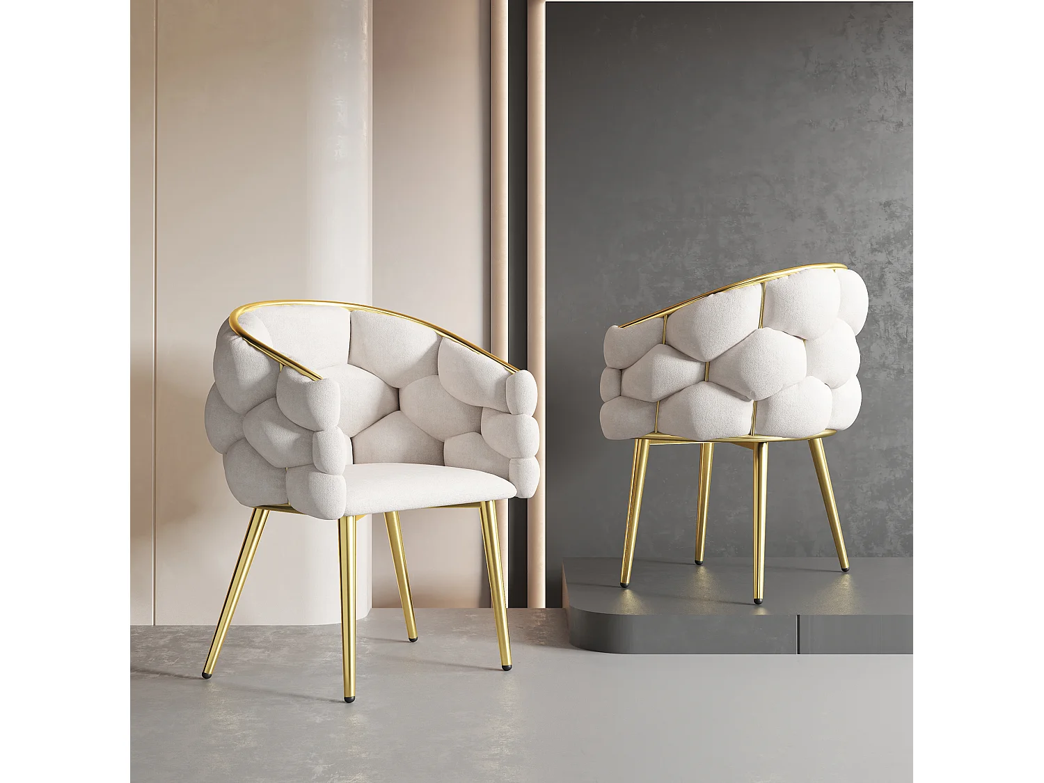 Chaise de salle à manger en velours, dossier doré, soutien en mousse, pieds avant réglables, beige
