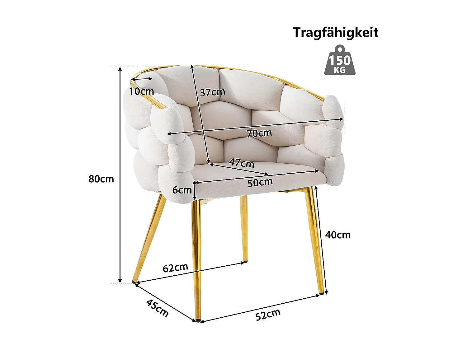 Chaise de salle à manger en velours, dossier doré, soutien en mousse, pieds avant réglables, beige