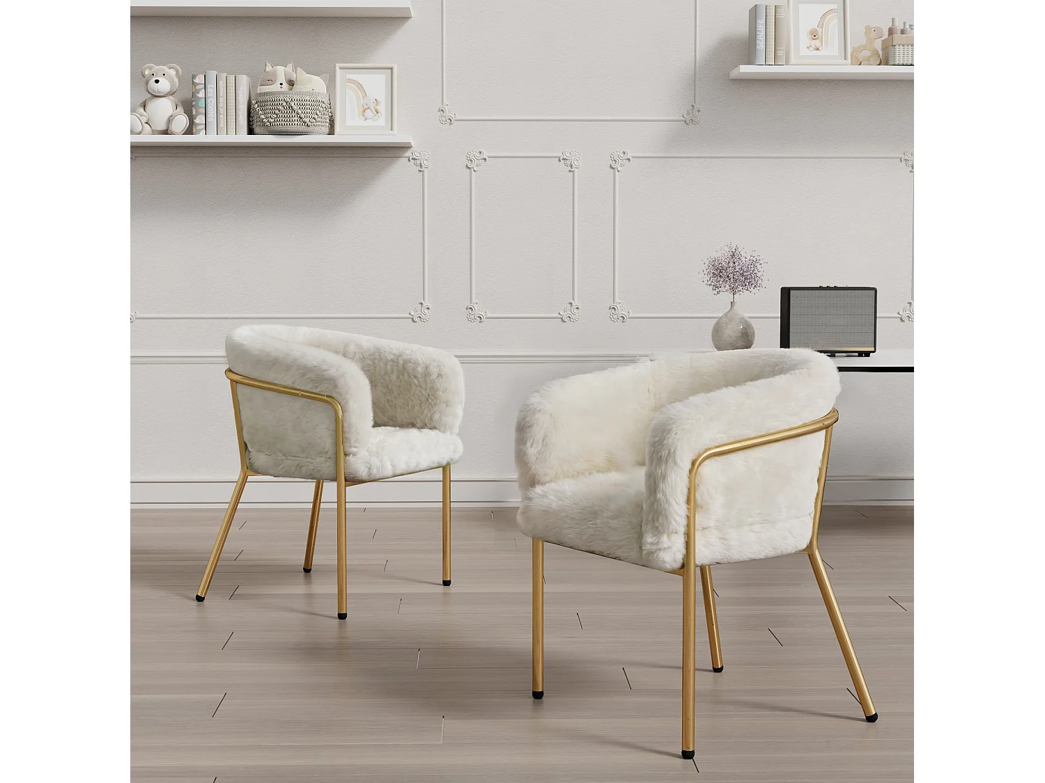 Fauteuil de loisirs en fausse fourrure beige, assise confortable, 4 pieds en métal, style luxe léger