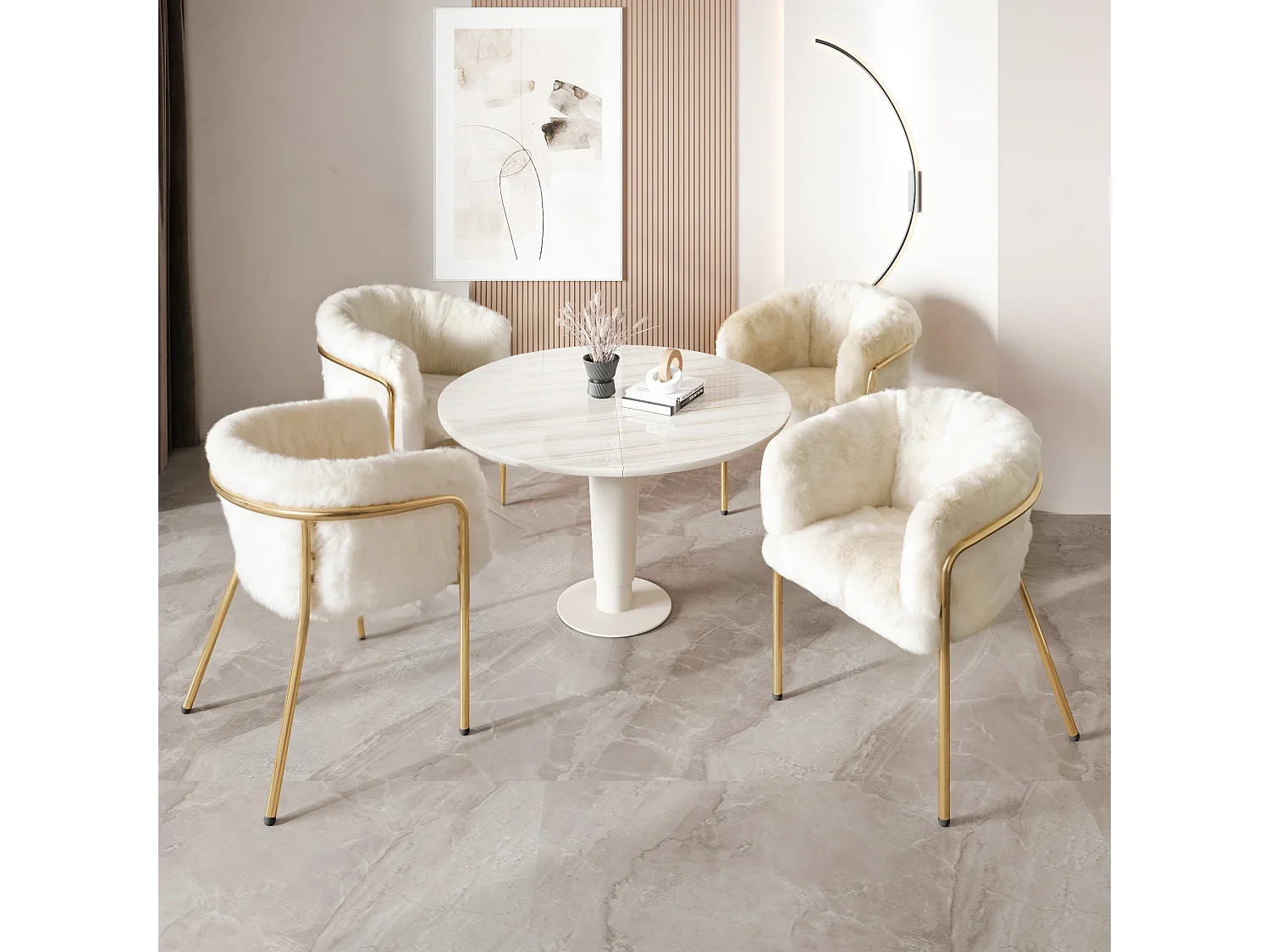 Fauteuil de loisirs en fausse fourrure beige, assise confortable, 4 pieds en métal, style luxe léger