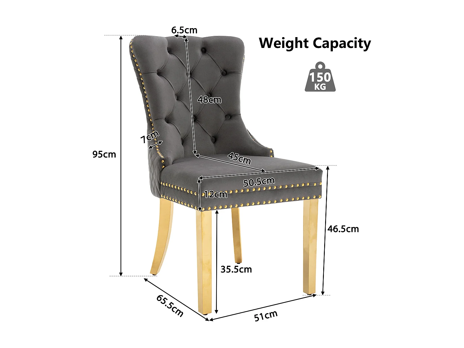 Chaise de salle à manger rembourrée, anneau décoratif au dossier, clous décoratifs, velours gris et pieds en métal doré