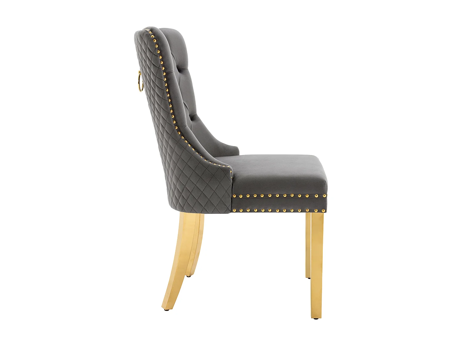 Chaise de salle à manger rembourrée, anneau décoratif au dossier, clous décoratifs, velours gris et pieds en métal doré