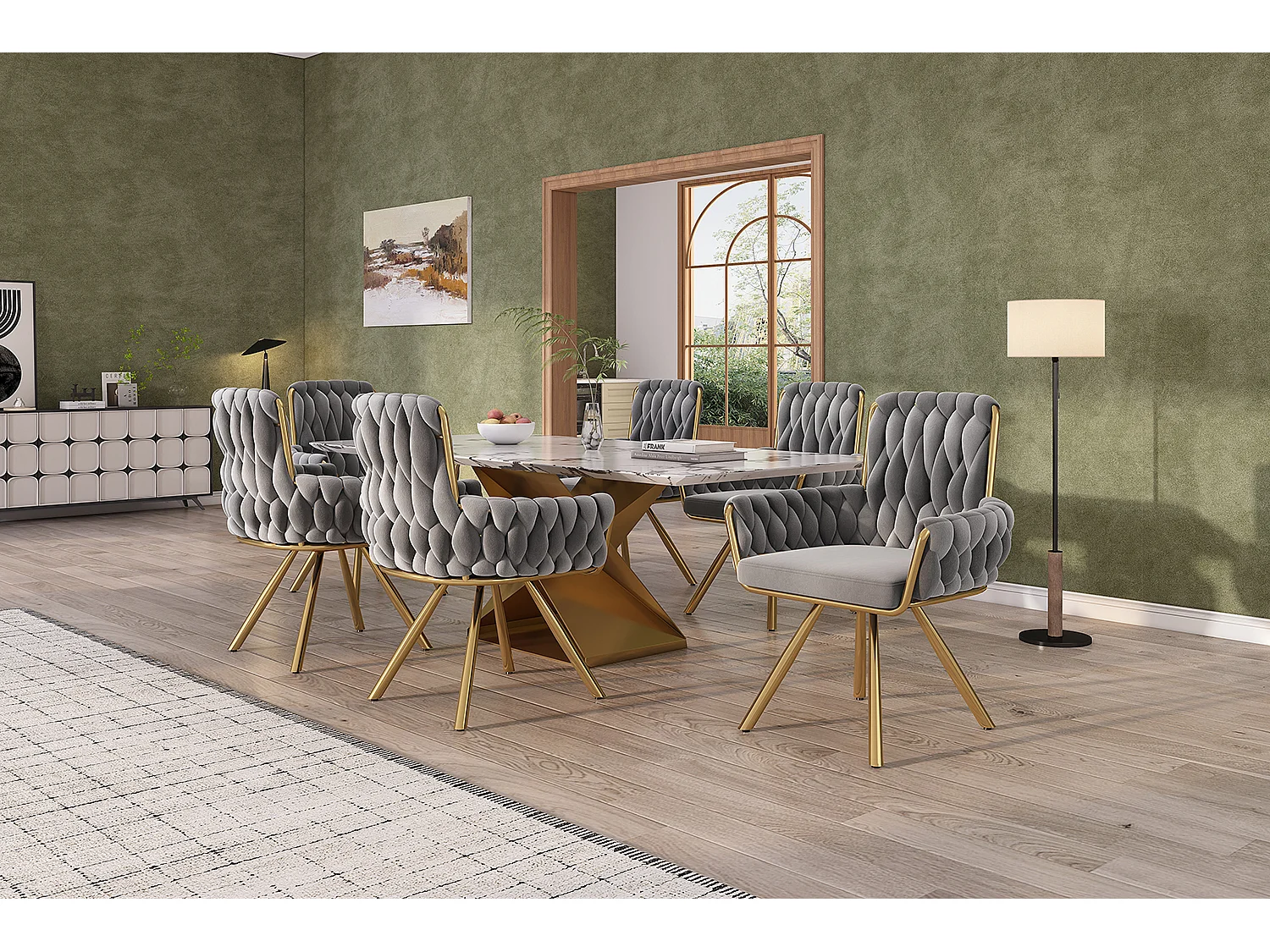Lot de 2 chaises de salle à manger pivotantes, dossier haut et accoudoirs, velours gris, pieds en métal