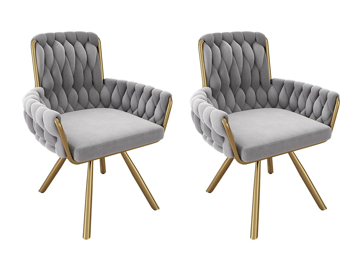 Lot de 2 chaises de salle à manger pivotantes, dossier haut et accoudoirs, velours gris, pieds en métal