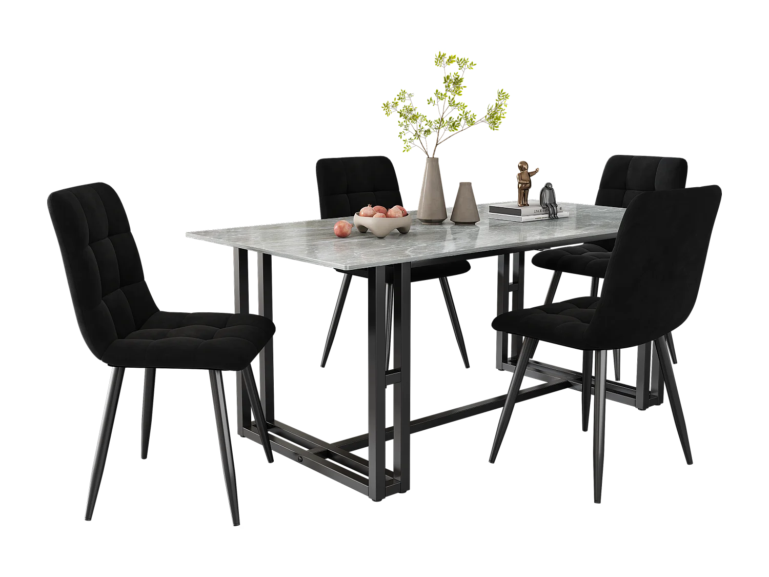 Lot de 4 chaises à manger en velours avec dossier rembourré - pieds en métal noir - noir