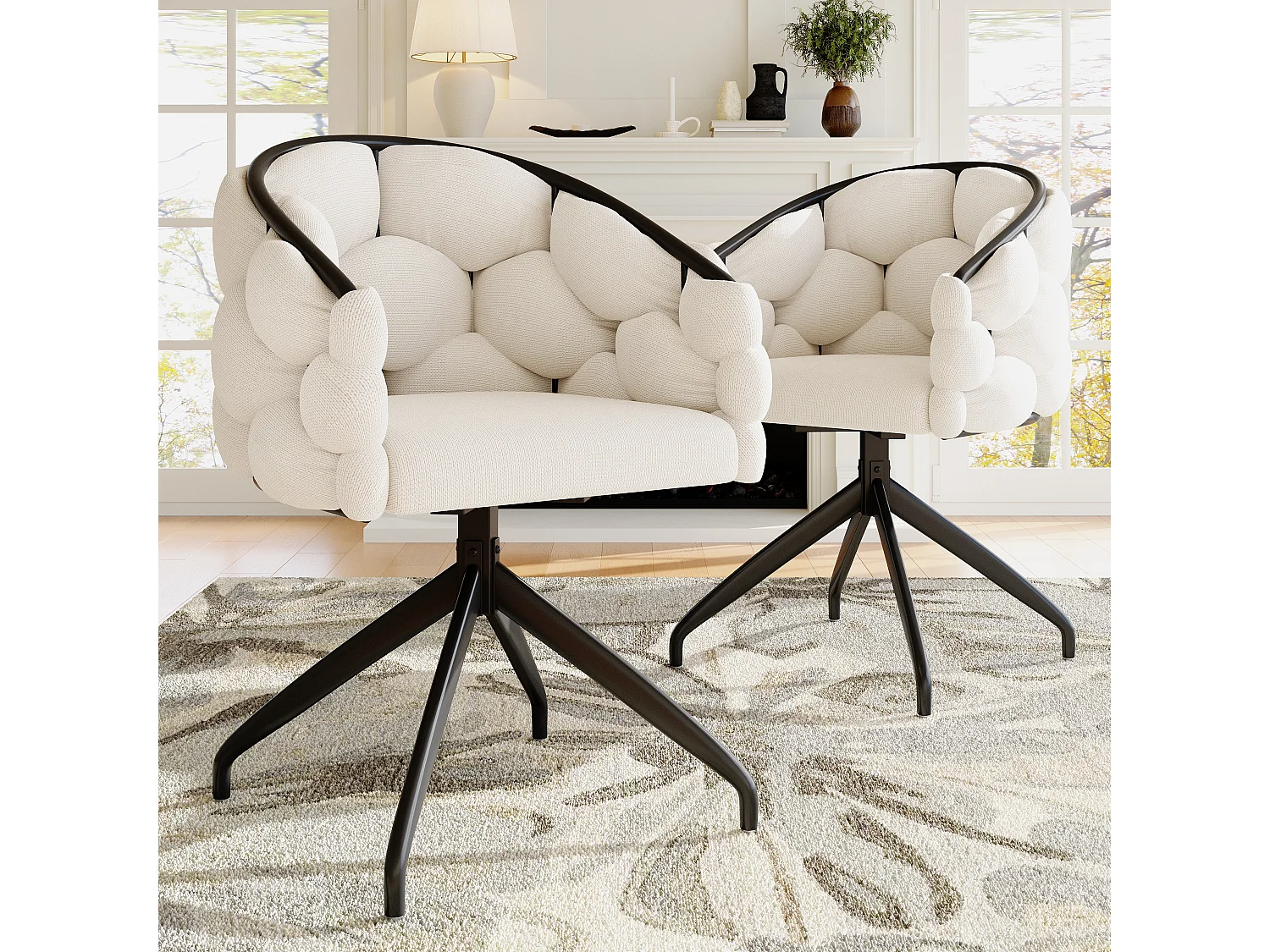 Lot de 2 chaises pivotantes 360°, dossier ergonomique, pieds antidérapants, velours et métal beige