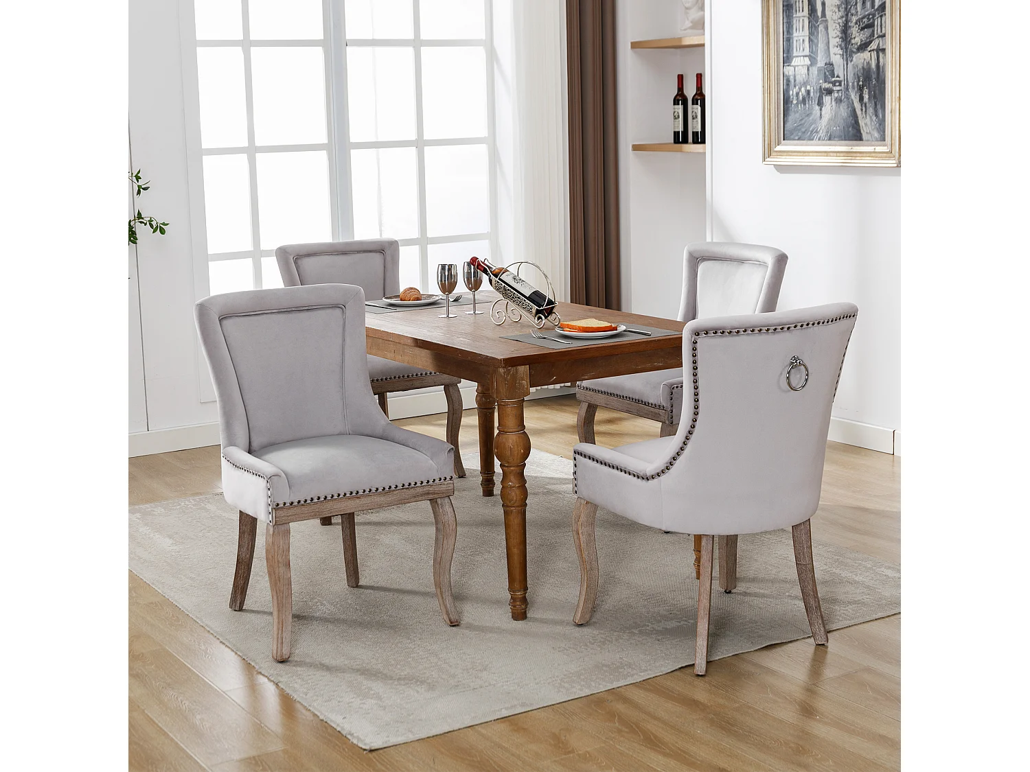 Chaise de salle à manger en velours gris, dossier rembourré, clous décoratifs, cadre en bois massif