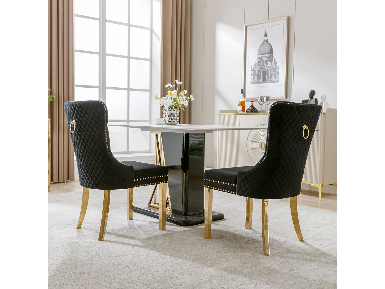 Chaise de salle à manger en velours, anneau décoratif au dossier, clous décoratifs, pieds en acier inoxydable doré, noir
