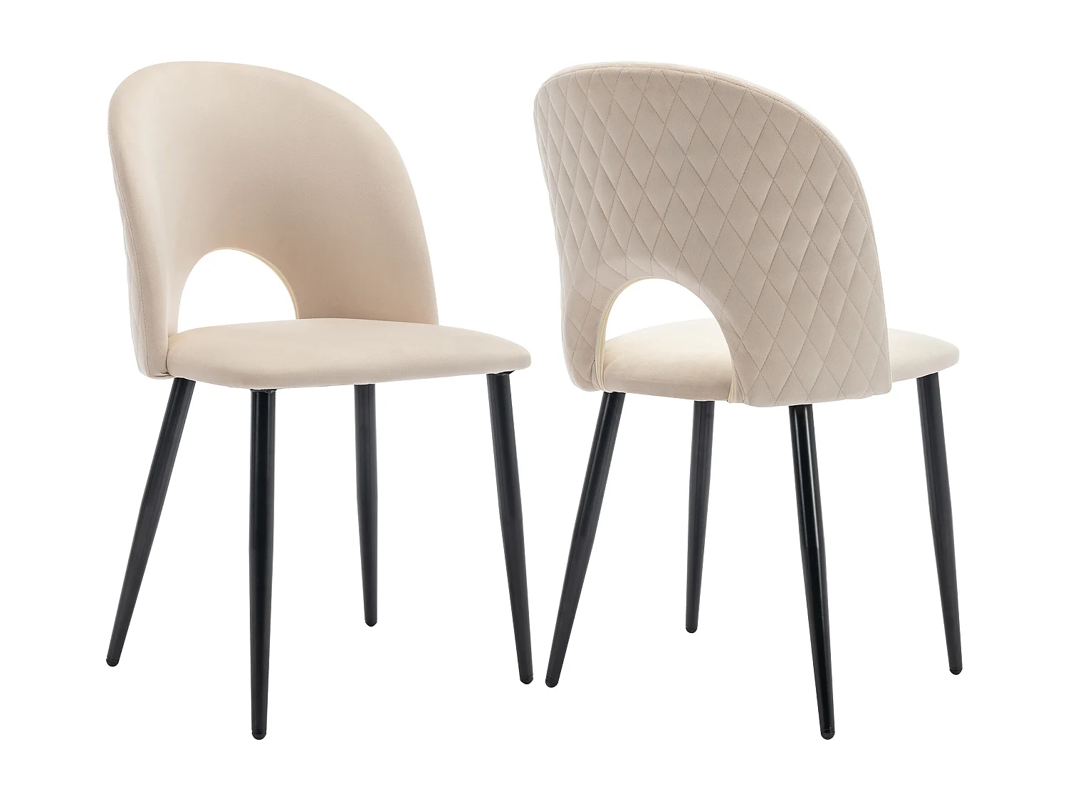 Lot de 2 chaises à manger en velours avec dossier rembourré - pieds métalliques réglables noir - beige
