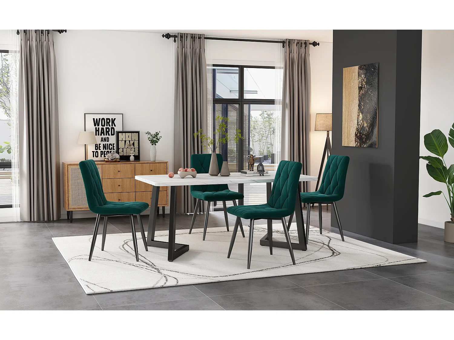 Lot de 4 chaises de salle à manger, dossier avec motif chevrons, pieds en métal noir, velours vert foncé