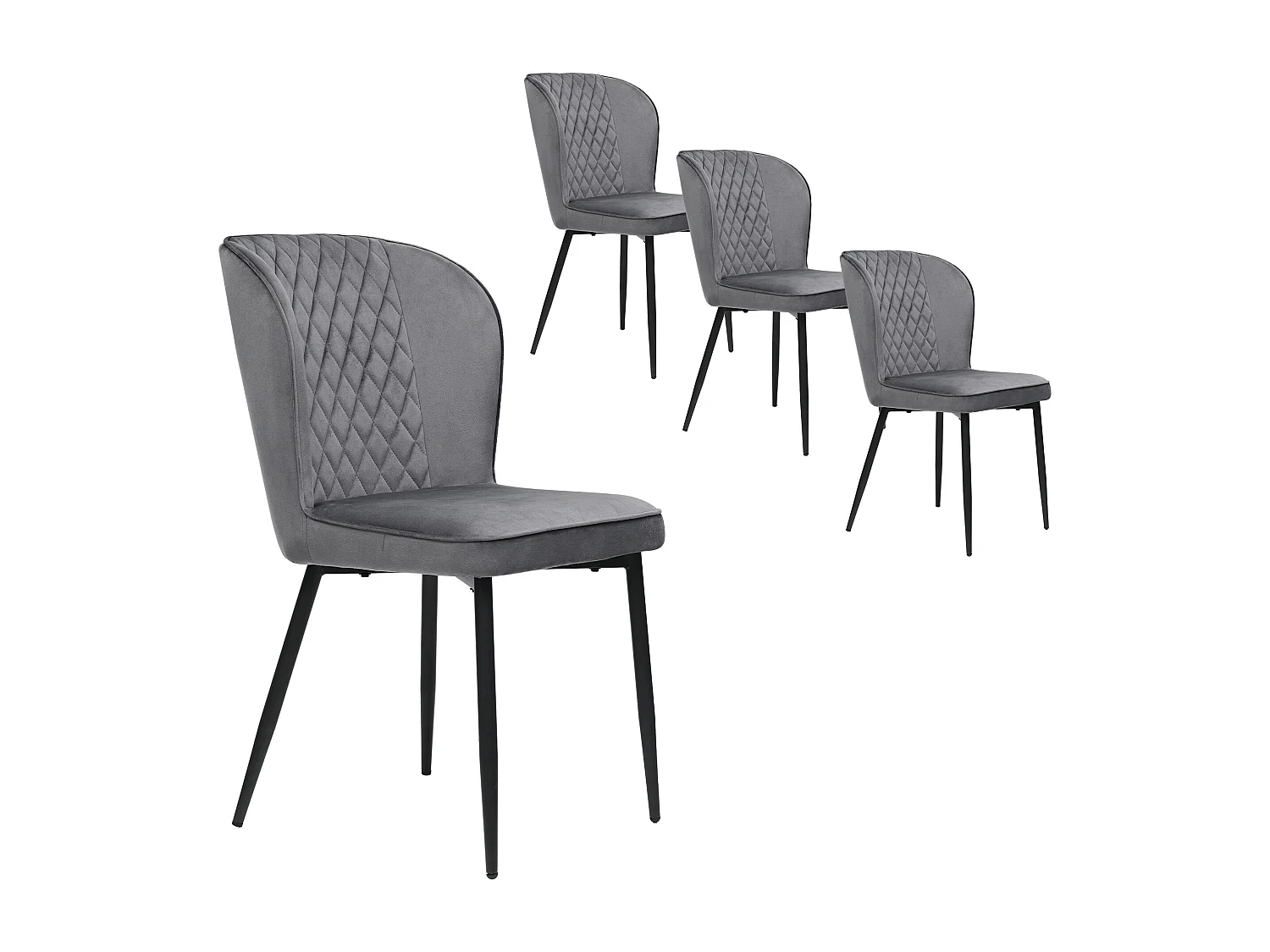 Lot de 4 chaises à manger en velours avec dossier rembourré - pieds en métal noir - gris