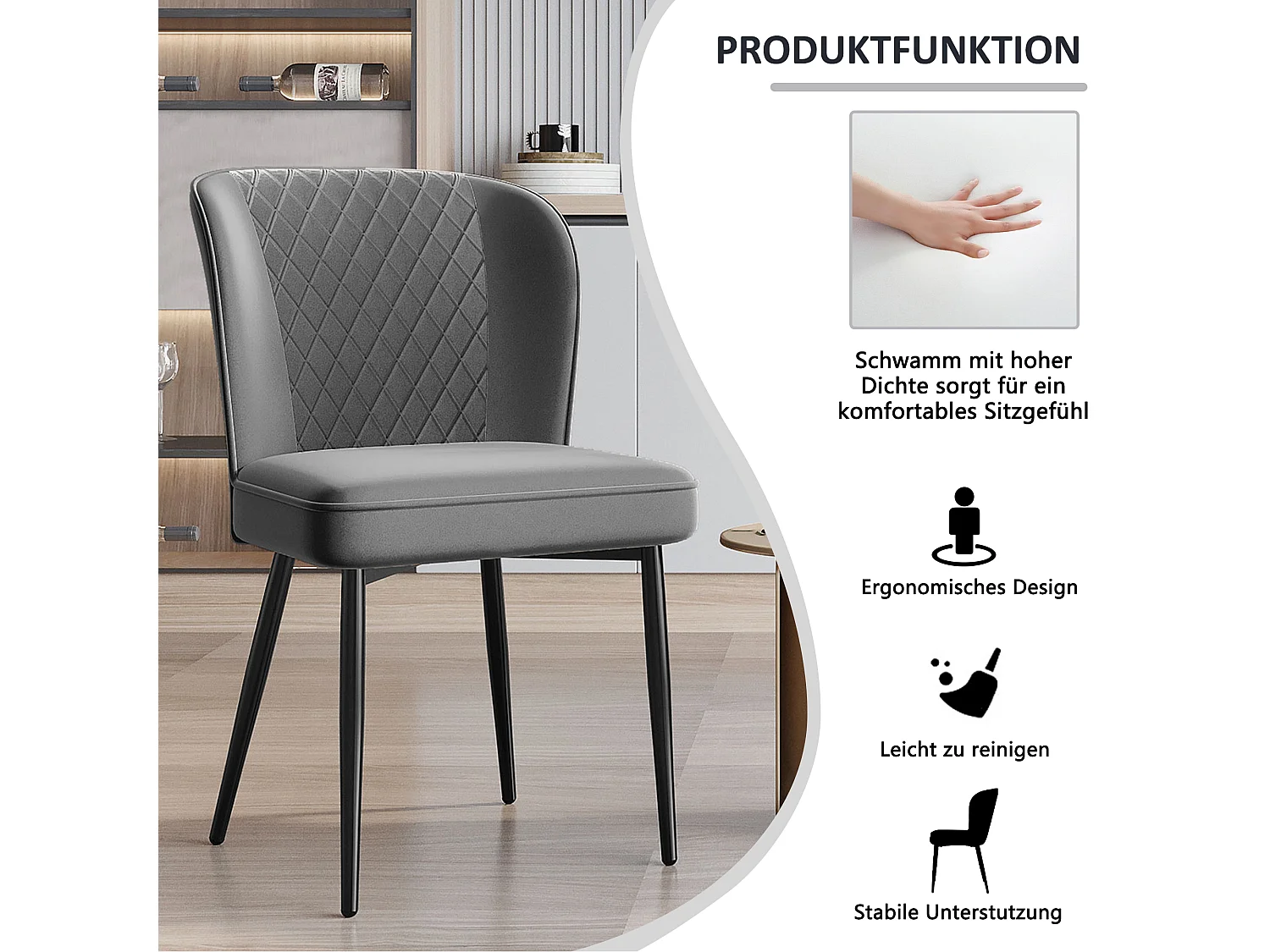 Chaise de salle à manger en velours gris, dossier ergonomique, rembourrage en mousse haute densité, pieds en métal