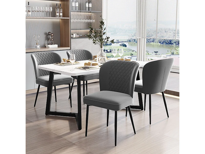Lot de 4 chaises à manger en velours avec dossier rembourré - pieds en métal noir - gris