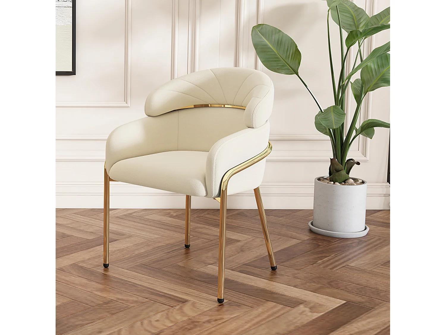 Chaise à manger simple en velours avec accoudoirs et dossier - pieds en métal - beige
