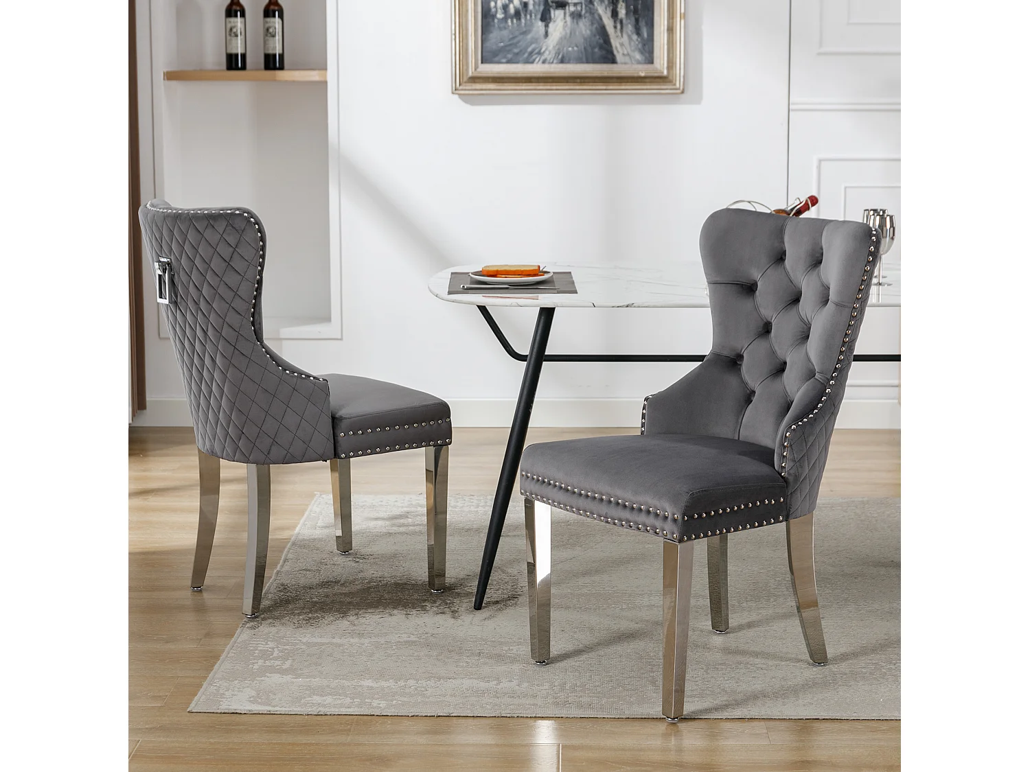 Chaise de salle à manger en velours gris, cadre en bois massif, pieds en métal, dossier à boucle carrée